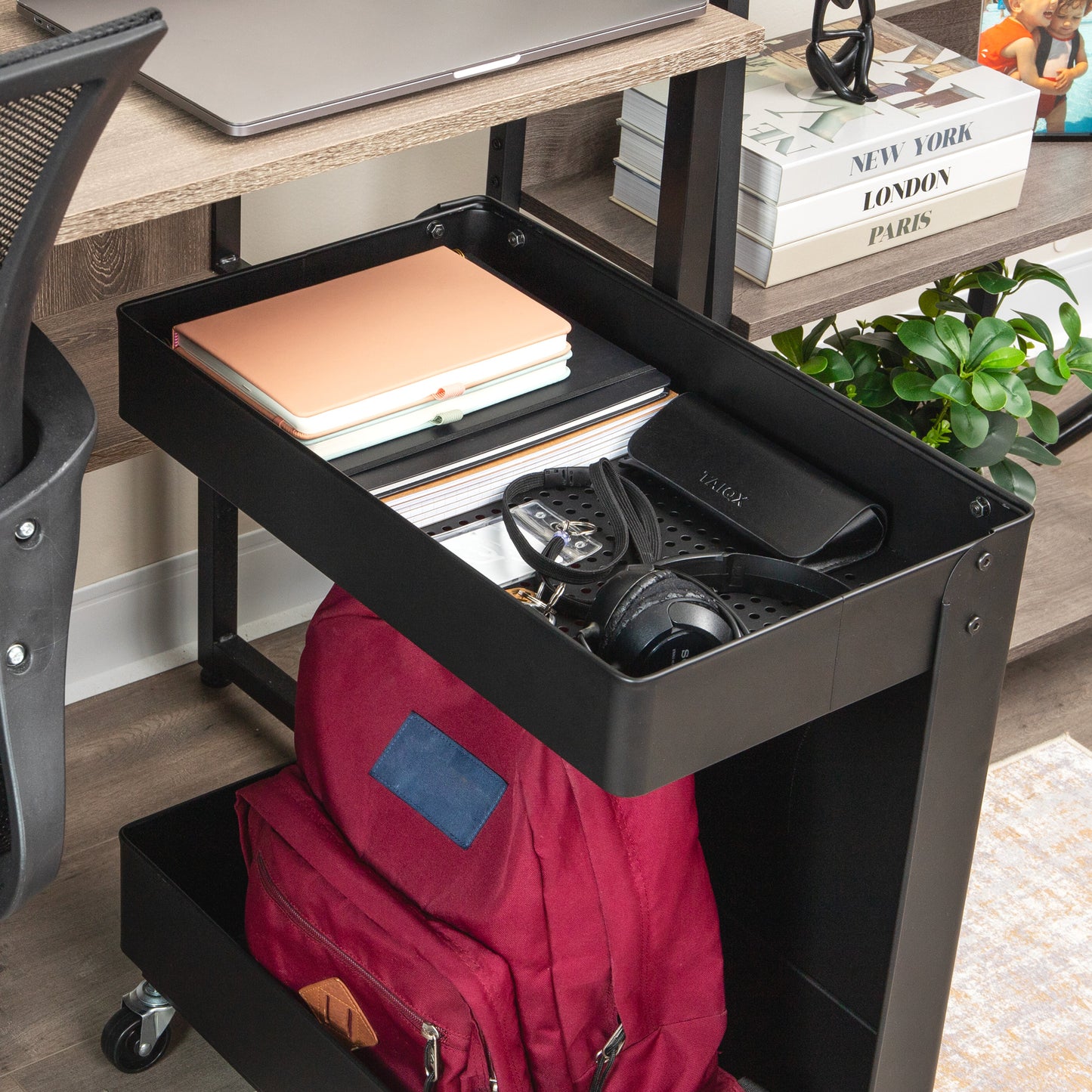 Mind Reader Under Desk Rolling Cart, 2-Tier Steel Utility Organizer, No Assembly Required, 12"L x 20"W x 23.5"H, Black