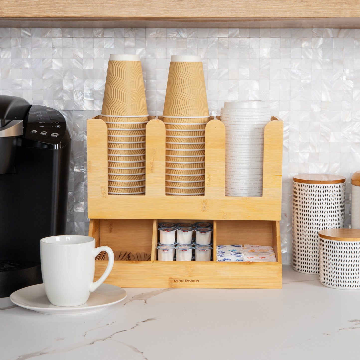 Mind Reader Bali Collection, 6-Compartment, 2-Tier Bamboo Cup, Lid and Condiment Storage, Countertop Organizer, Brown