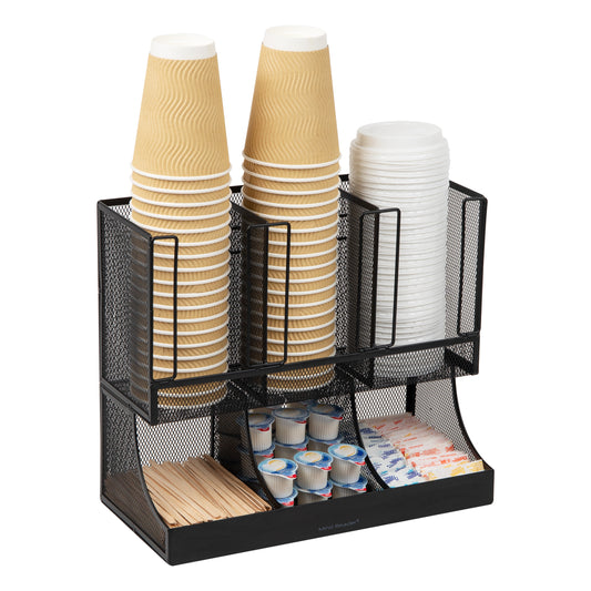 Mind Reader Cup and Condiment Station, Countertop Organizer, Coffee Bar, Kitchen, Metal Mesh, 13"L x 6.45"W x 11.25"H, Black