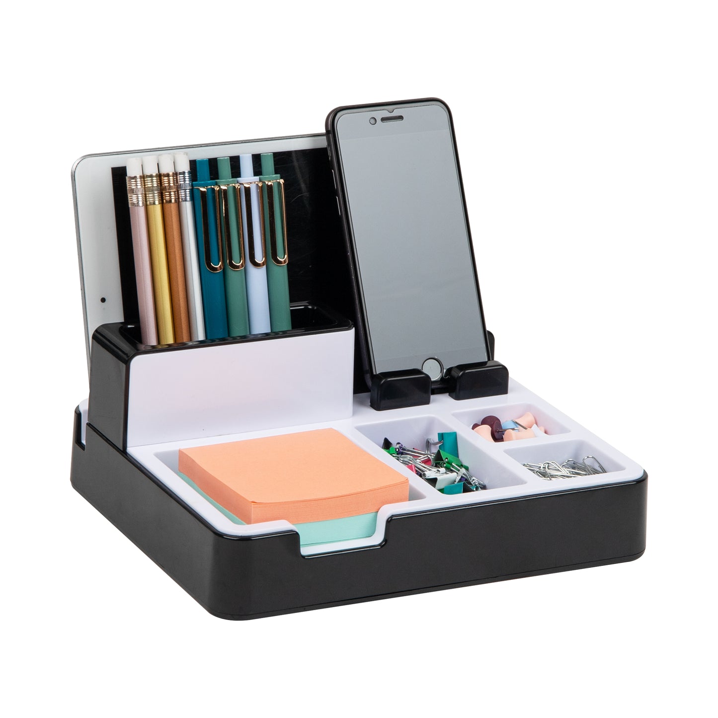 Mind Reader Foundation Collection, Portable Charging Station, 8-Compartment Desktop Organizer, Black and White