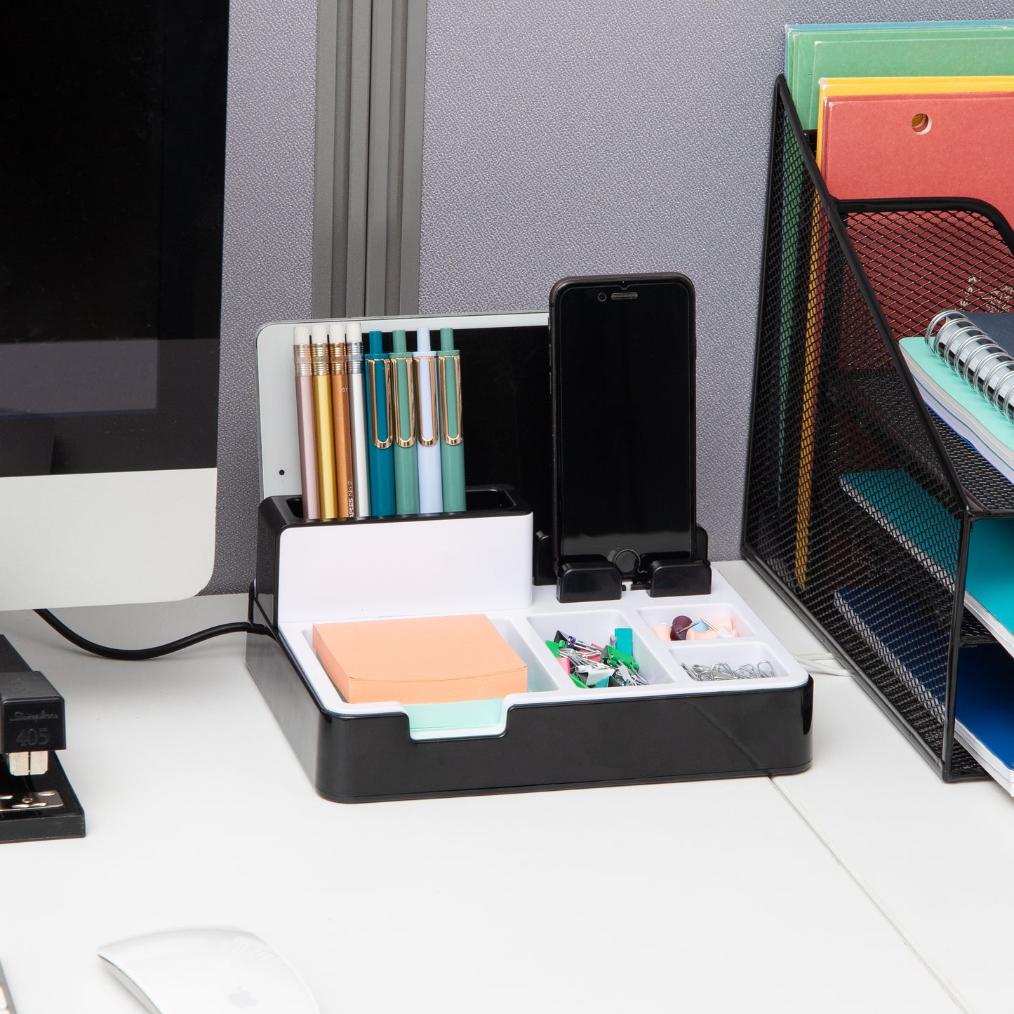Mind Reader Foundation Collection, Portable Charging Station, 8-Compartment Desktop Organizer, Black and White