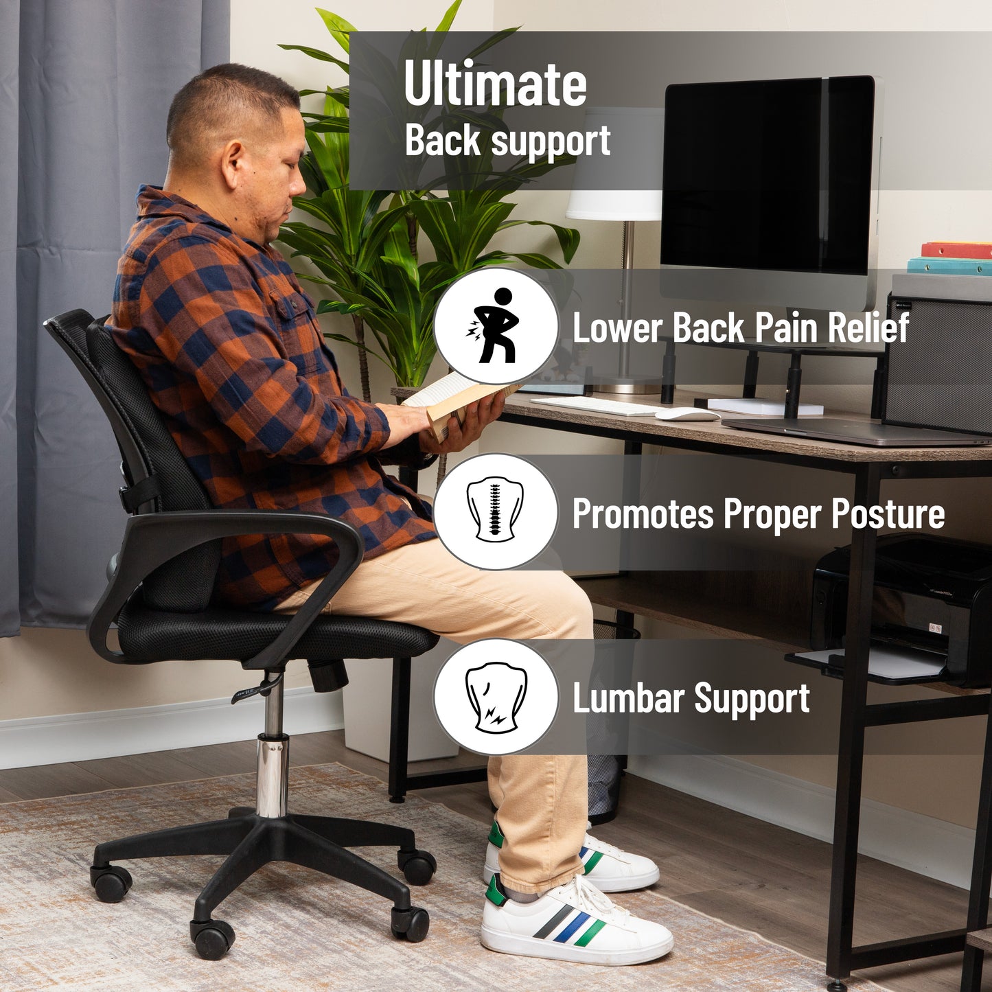 Mind Reader Lumbar Support Cushion for Office Chair and Car Seat, Memory Foam, Back Pain Relief, Improves Posture, 14.5"L x 5"W x 18.5"H