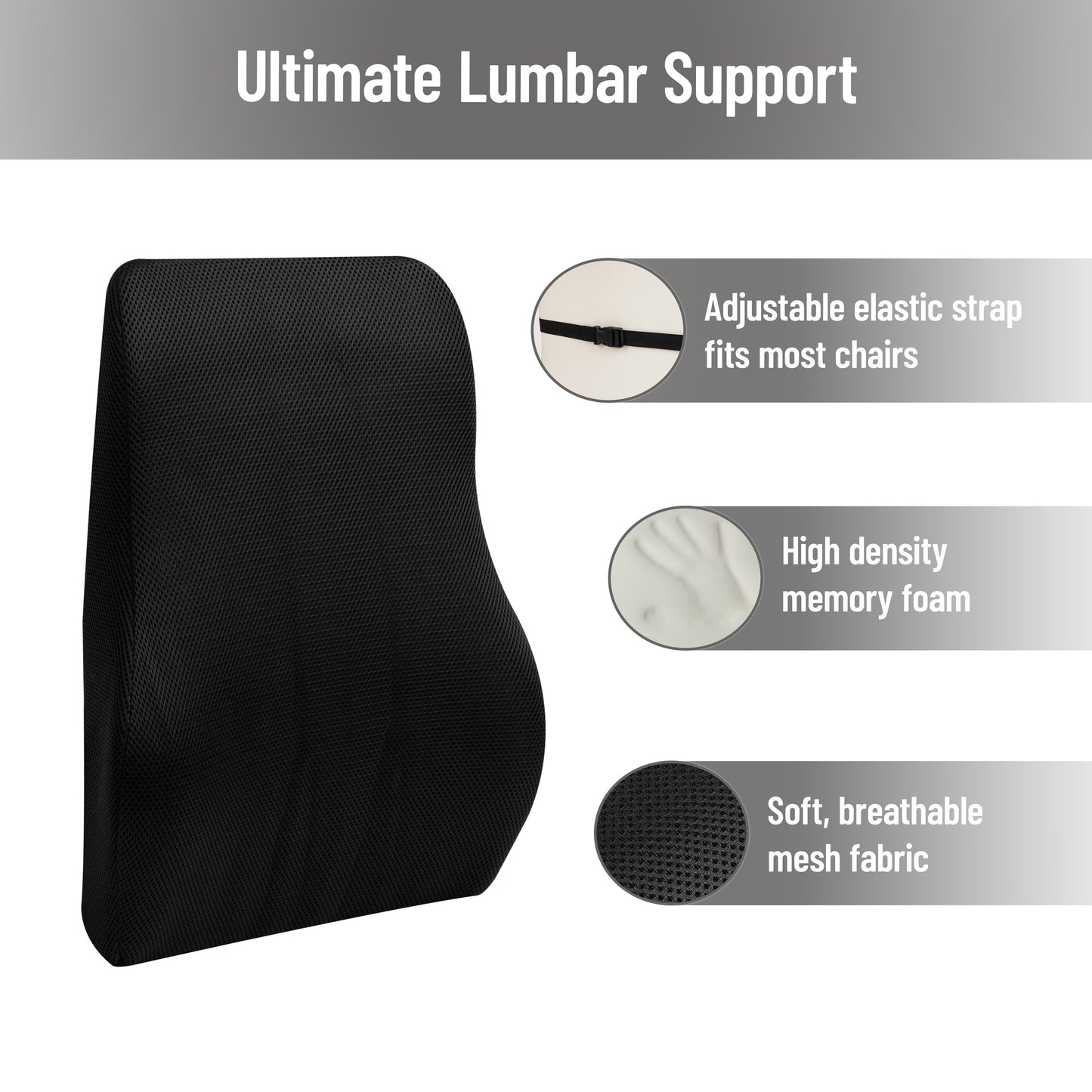 Mind Reader Lumbar Support Cushion for Office Chair and Car Seat, Memory Foam, Back Pain Relief, Improves Posture, 14.5"L x 5"W x 18.5"H
