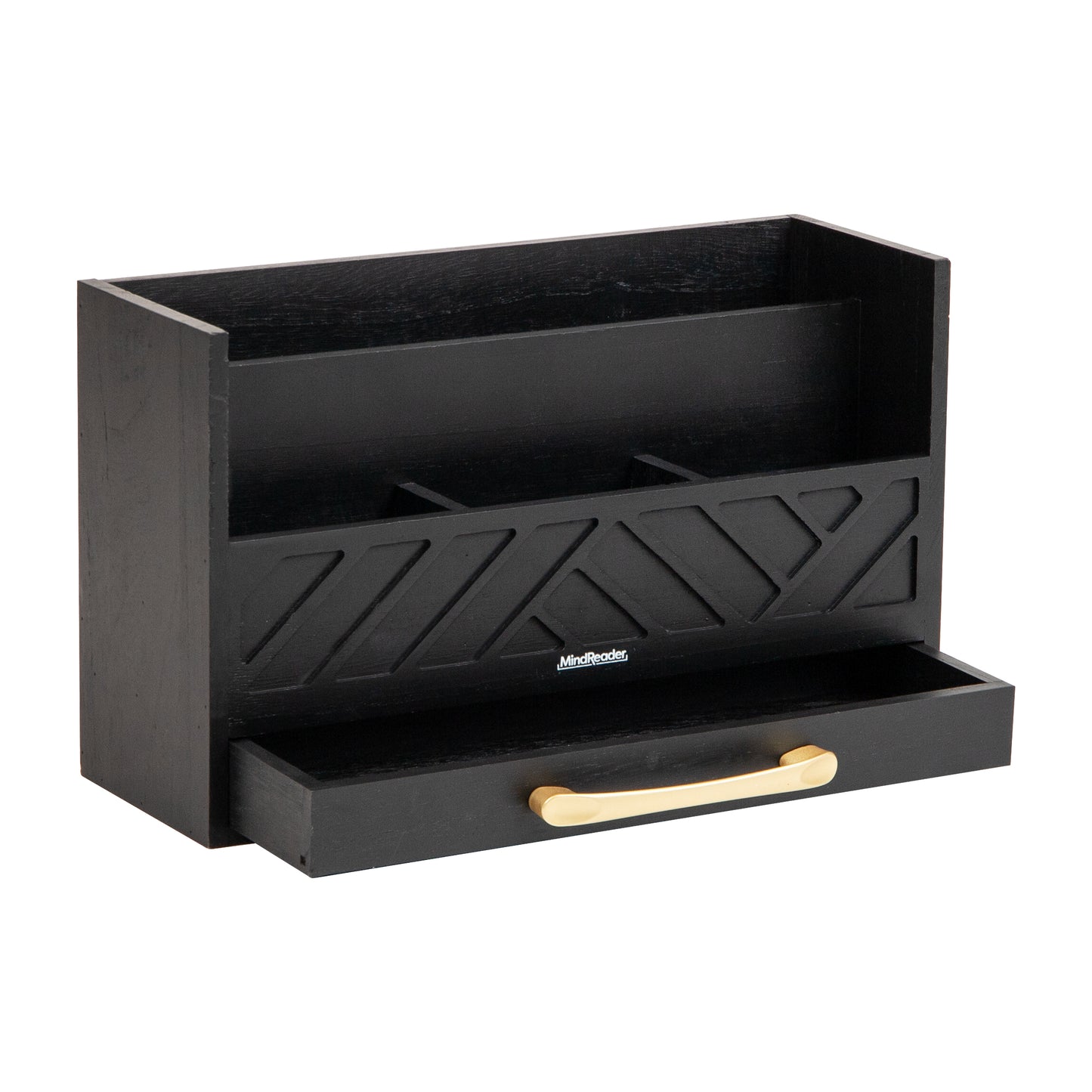 Mind Reader 5-Compartment Desktop Organizer, Rustic Wooden Storage Rack with Drawer for Papers, Accessories, and Office Supplies, 12.5"L x 4.25"W x 7.5"H, Black