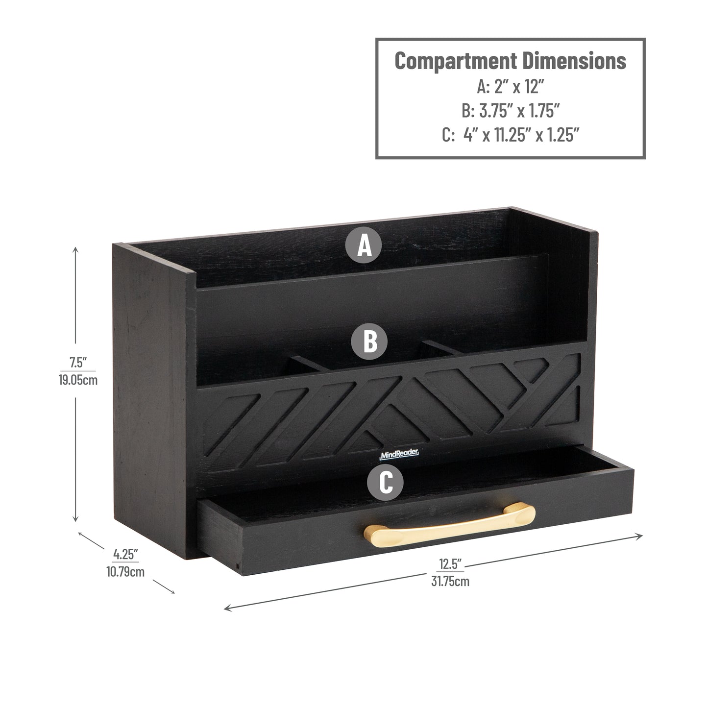Mind Reader 5-Compartment Desktop Organizer, Rustic Wooden Storage Rack with Drawer for Papers, Accessories, and Office Supplies, 12.5"L x 4.25"W x 7.5"H, Black