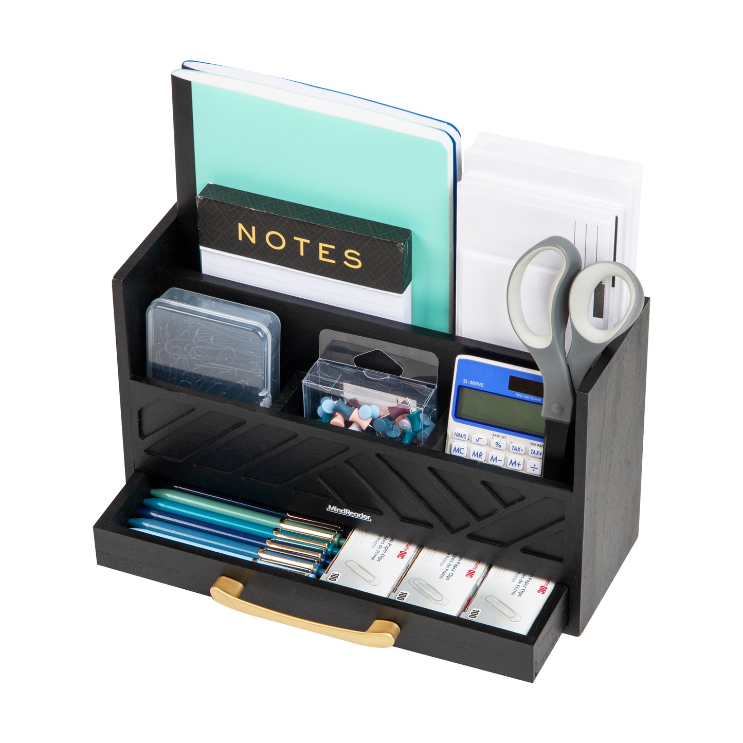 Mind Reader 5-Compartment Desktop Organizer, Rustic Wooden Storage Rack with Drawer for Papers, Accessories, and Office Supplies, 12.5"L x 4.25"W x 7.5"H, Black
