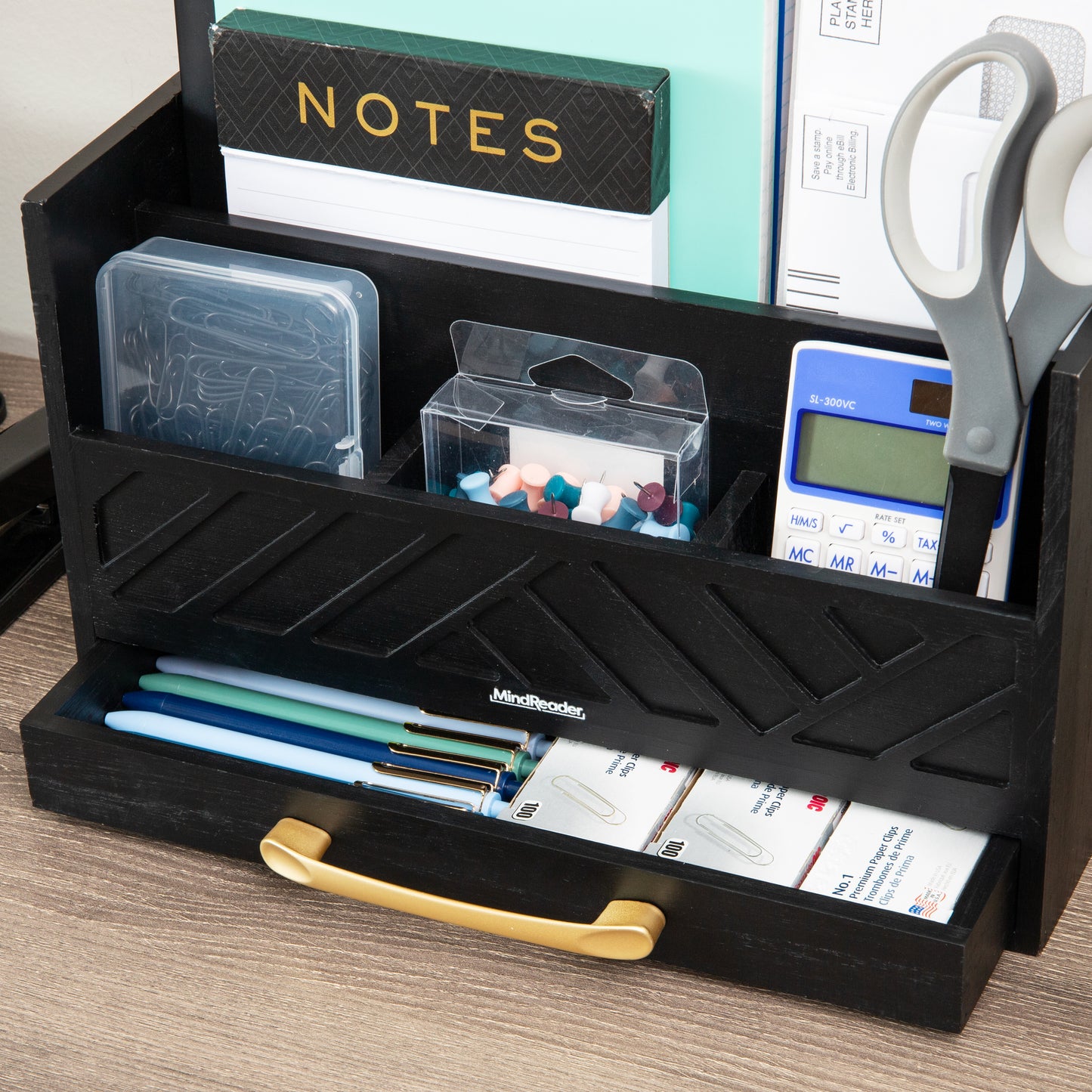 Mind Reader 5-Compartment Desktop Organizer, Rustic Wooden Storage Rack with Drawer for Papers, Accessories, and Office Supplies, 12.5"L x 4.25"W x 7.5"H, Black