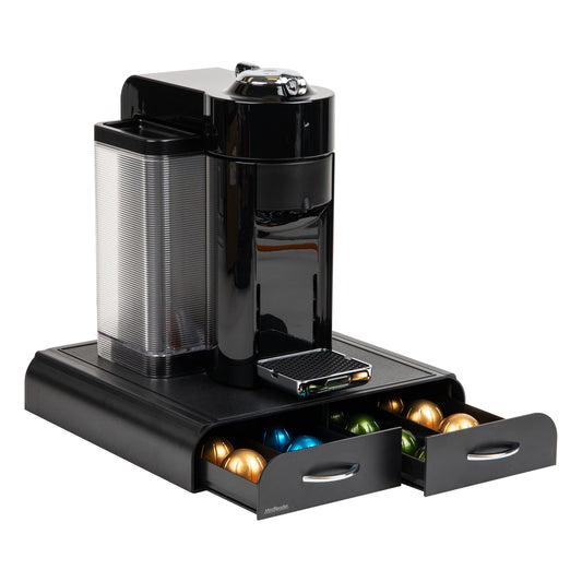 Mind Reader Single Serve Coffee Pod Organizer with 2 Drawers, Compatible with 20 Vertuoline (7.77 fl oz) or 72 Original Nespresso (1.35 fl oz)  capsules, Countertop Storage, Plastic, 13.25"L x 12.75"W x 2.5"H, Black