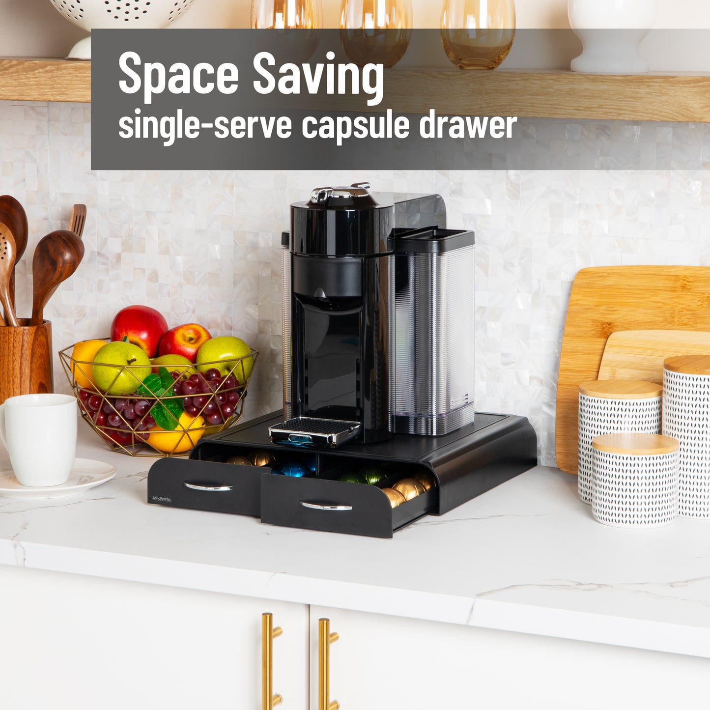 Mind Reader Single Serve Coffee Pod Organizer with 2 Drawers, Compatible with 18 Vertuoline (7.77 fl oz) or 72 Original Nespresso (1.35 fl oz) capsules, Countertop Storage, Plastic, 13.25"L x 12.75"W x 2.5"H, Black