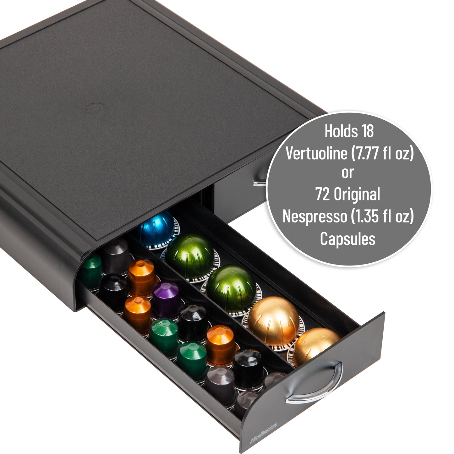 Mind Reader Single Serve Coffee Pod Organizer with 2 Drawers, Compatible with 18 Vertuoline (7.77 fl oz) or 72 Original Nespresso (1.35 fl oz) capsules, Countertop Storage, Plastic, 13.25"L x 12.75"W x 2.5"H, Black