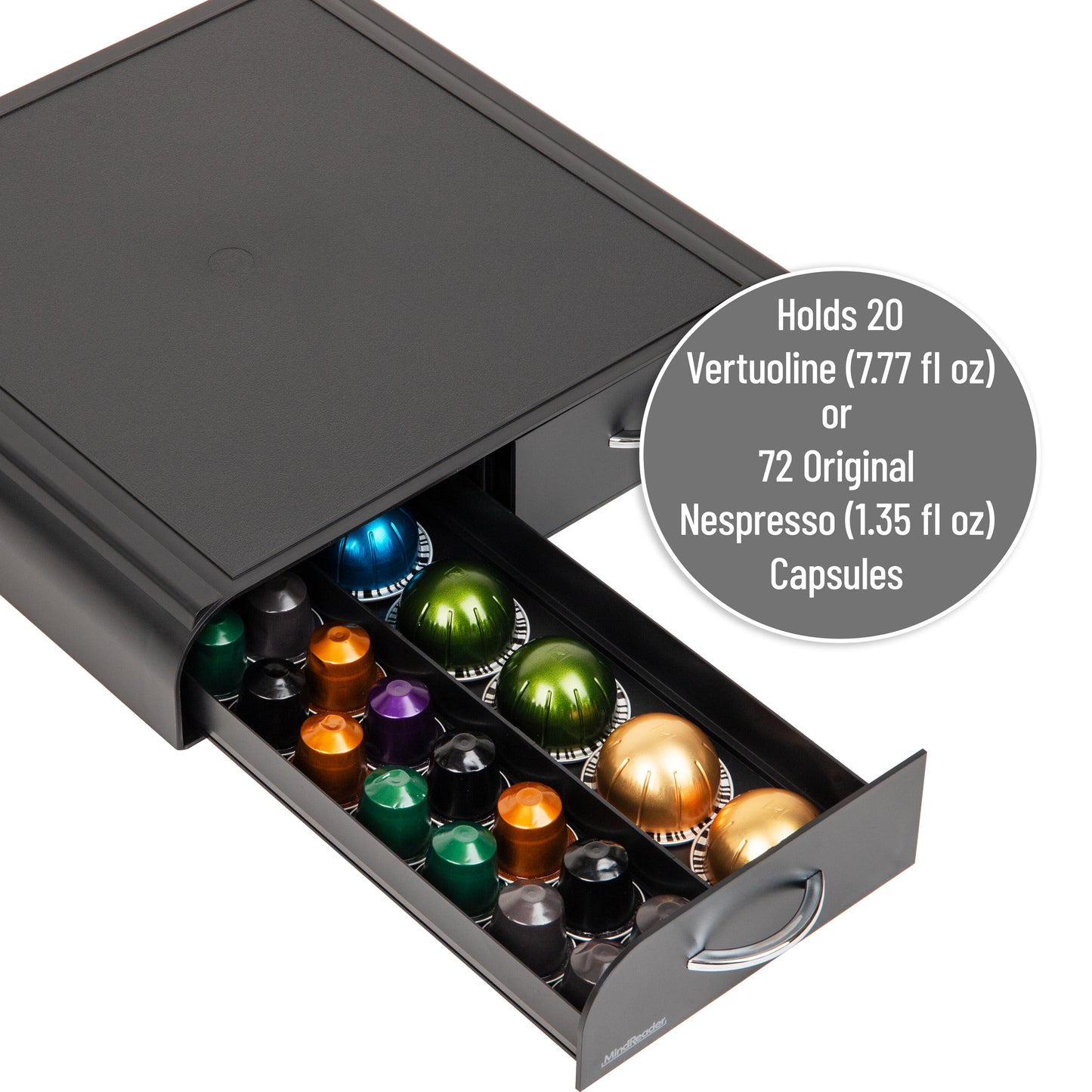 Mind Reader Single Serve Coffee Pod Organizer with 2 Drawers, Compatible with 20 Vertuoline (7.77 fl oz) or 72 Original Nespresso (1.35 fl oz) capsules, Countertop Storage, Plastic, 13.25"L x 12.75"W x 2.5"H, Black