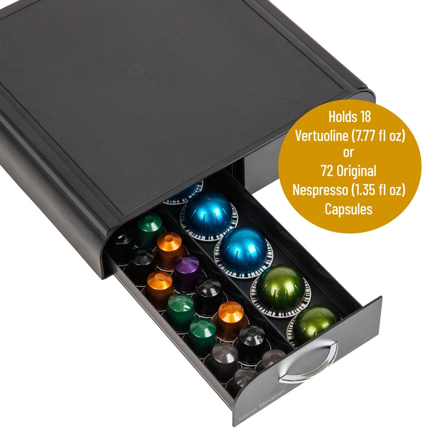 Mind Reader Single Serve Coffee Pod Organizer with 2 Drawers, Compatible with 18 Vertuoline (7.77 fl oz) or 72 Original Nespresso (1.35 fl oz) capsules, Countertop Storage, Plastic, 13.25"L x 12.75"W x 2.5"H, Black