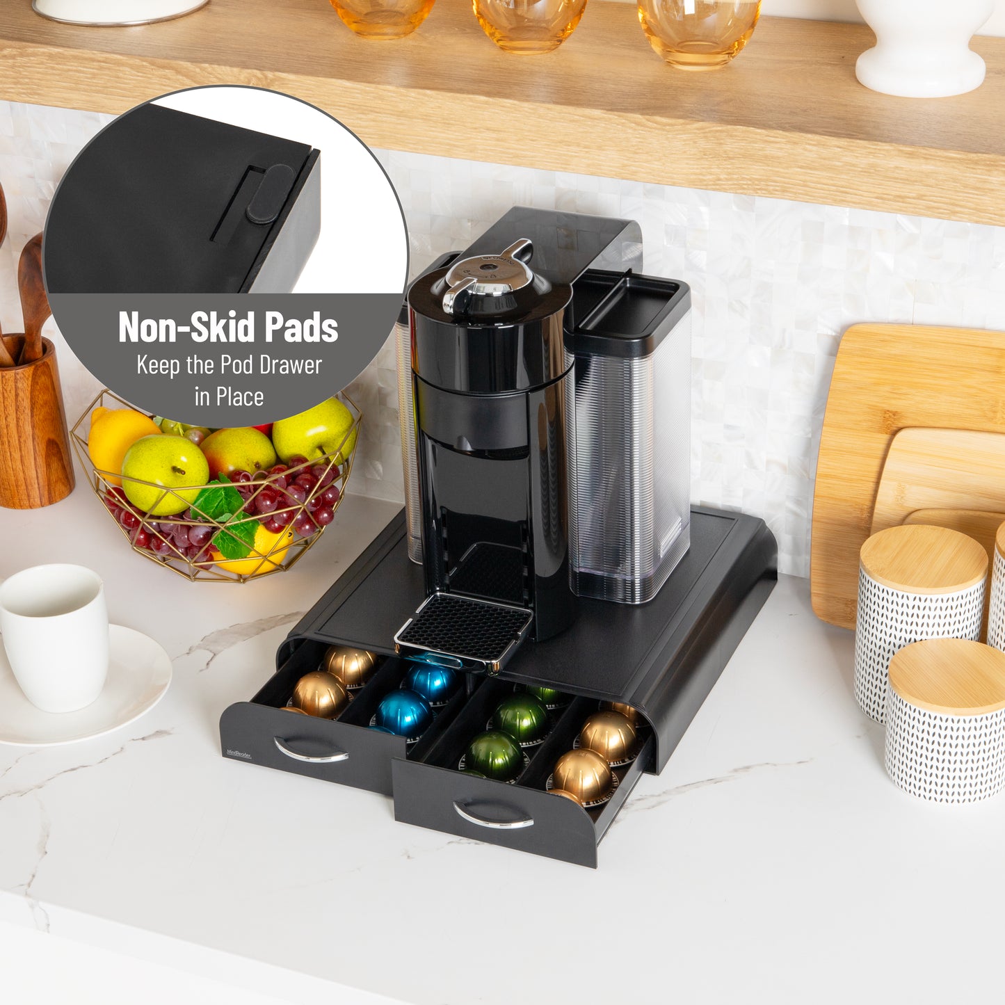 Mind Reader Single Serve Coffee Pod Organizer with 2 Drawers, Compatible with 18 Vertuoline (7.77 fl oz) or 72 Original Nespresso (1.35 fl oz) capsules, Countertop Storage, Plastic, 13.25"L x 12.75"W x 2.5"H, Black