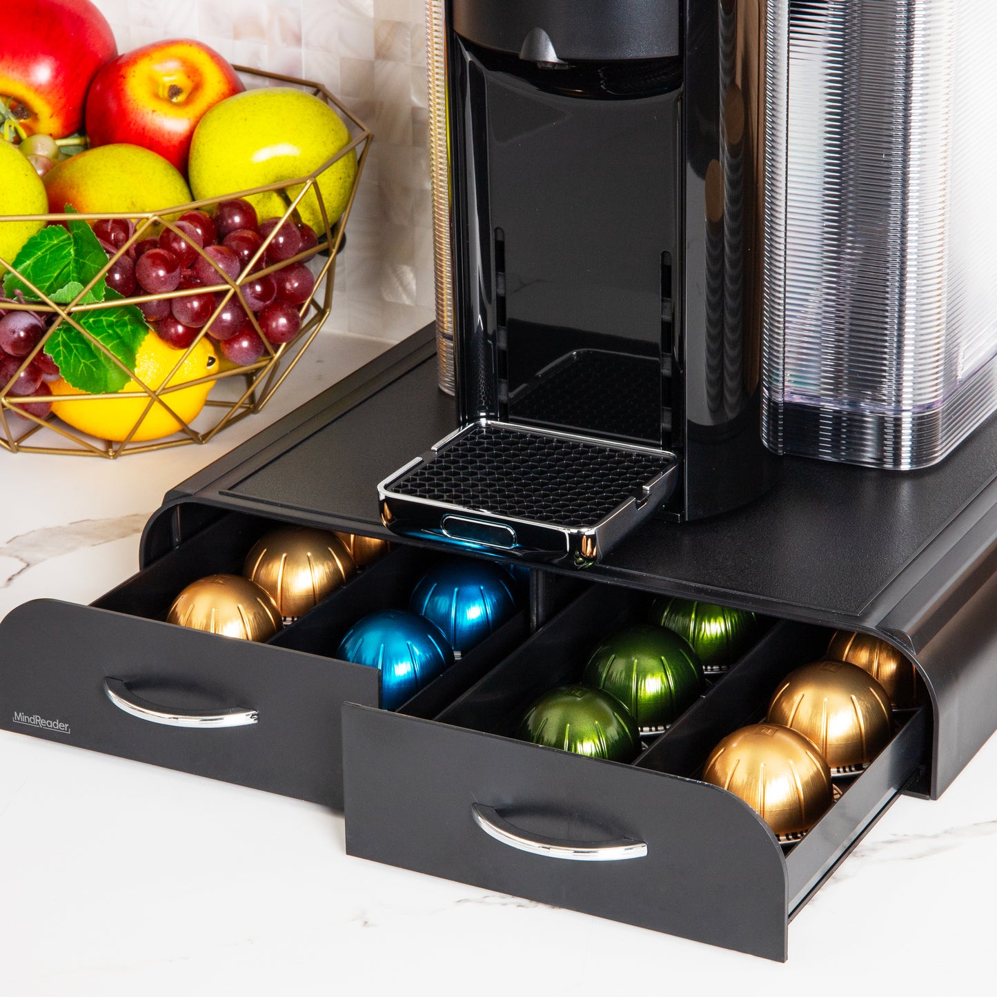 Mind Reader Single Serve Coffee Pod Organizer with 2 Drawers, Compatible with 18 Vertuoline (7.77 fl oz) or 72 Original Nespresso (1.35 fl oz) capsules, Countertop Storage, Plastic, 13.25"L x 12.75"W x 2.5"H, Black