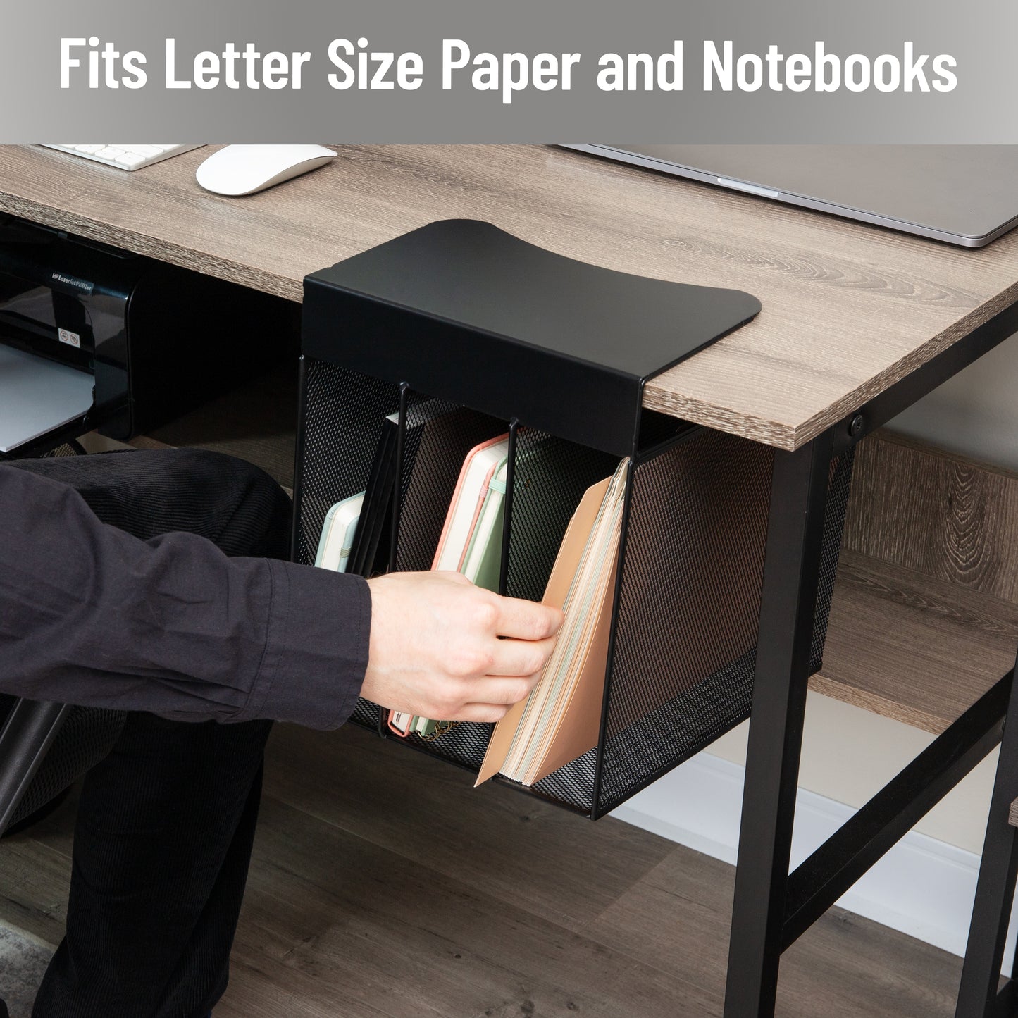 Mind Reader Slide-On Under Desk File Organizer, No Tools Required, Hanging Storage for Laptops, Folders, and Notebooks, Metal, Black