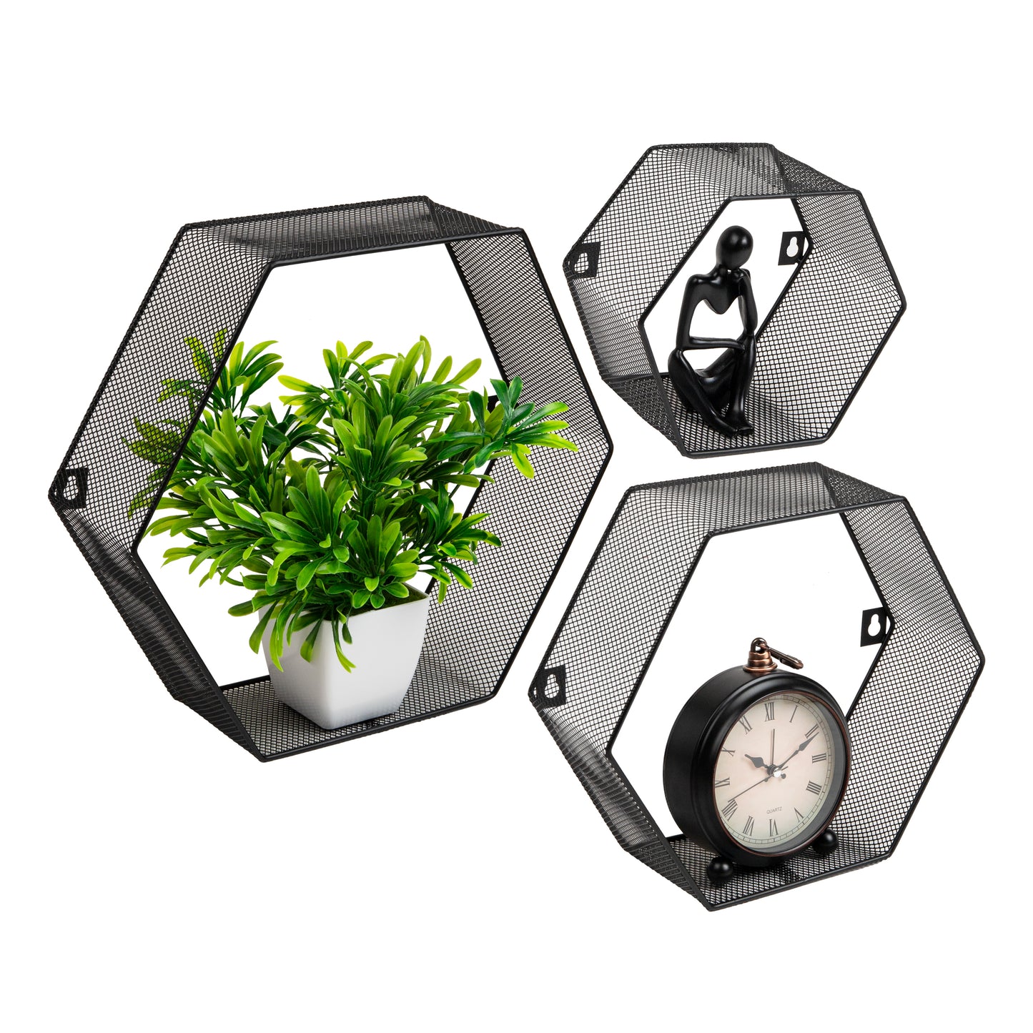 Mind Reader Hexagon Floating Shelves, Wall Decor, Honeycomb Accent Shelf, Office, Metal Mesh, 14"L x 4"W x 12"H, Set of 3