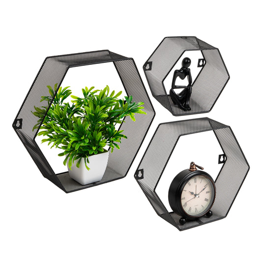 Mind Reader Hexagon Floating Shelves, Wall Decor, Honeycomb Accent Shelf, Office, Metal Mesh, 14"L x 4"W x 12"H, Set of 3
