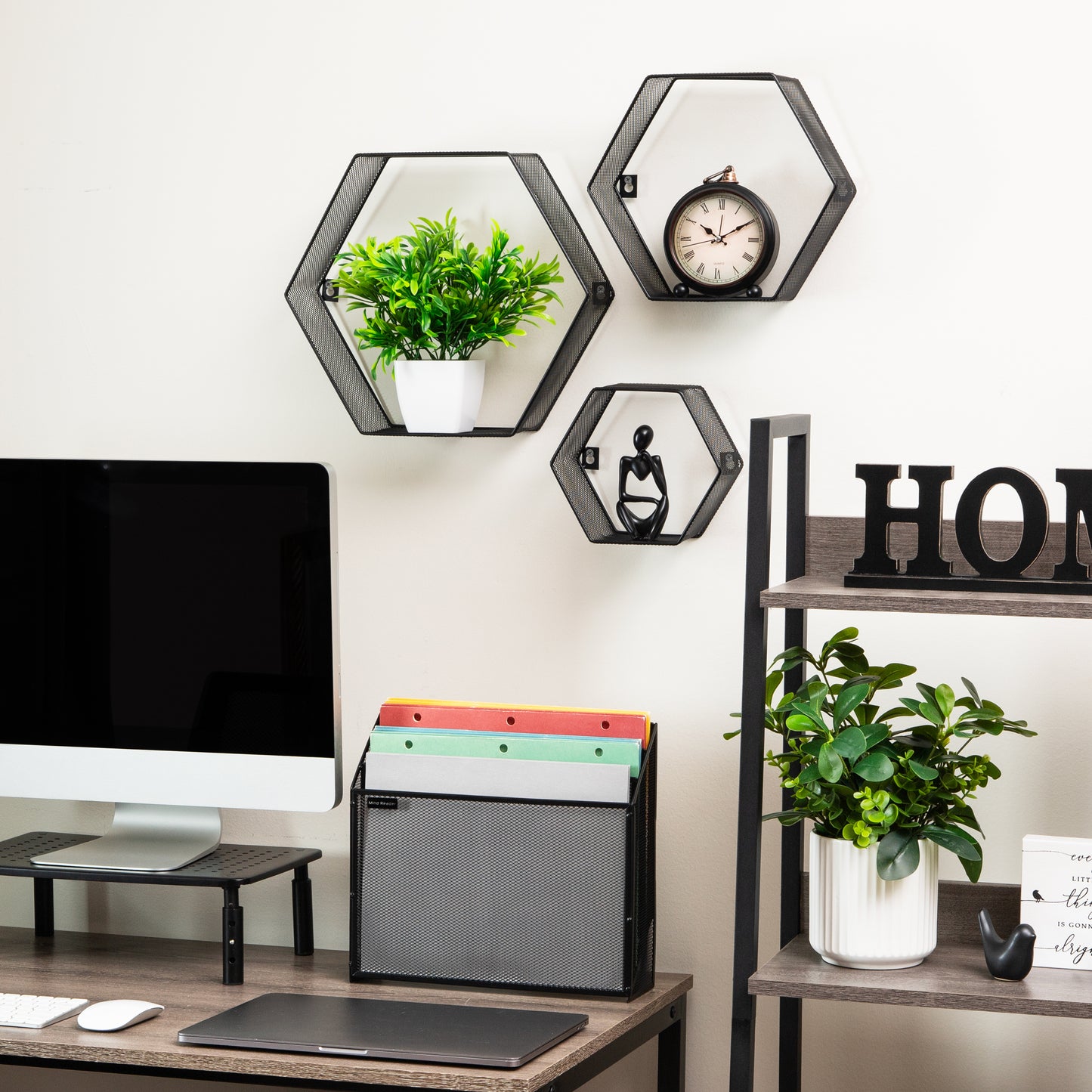 Mind Reader Hexagon Floating Shelves, Wall Decor, Honeycomb Accent Shelf, Office, Metal Mesh, 14"L x 4"W x 12"H, Set of 3