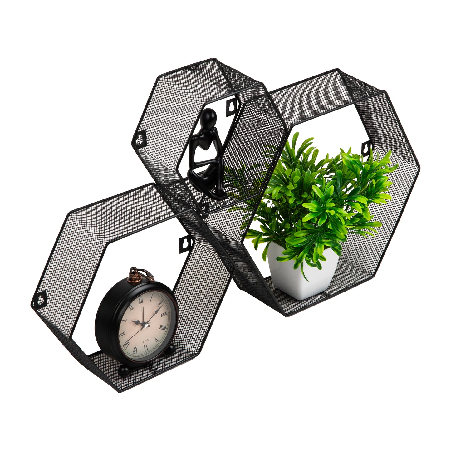 Mind Reader Hexagon Floating Shelves, Wall Decor, Honeycomb Accent Shelf, Office, Metal Mesh, 14"L x 4"W x 12"H, Set of 3