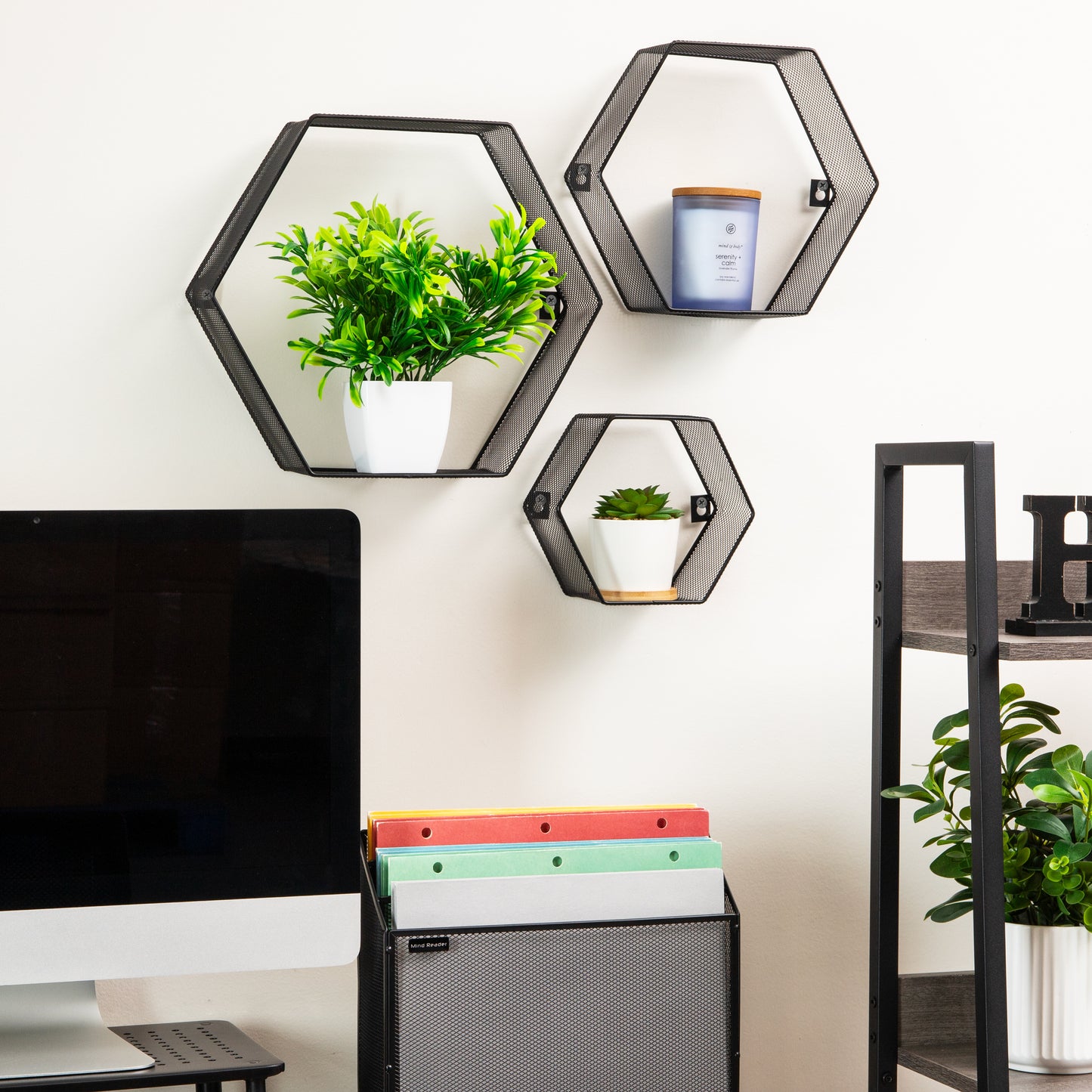 Mind Reader Hexagon Floating Shelves, Wall Decor, Honeycomb Accent Shelf, Office, Metal Mesh, 14"L x 4"W x 12"H, Set of 3