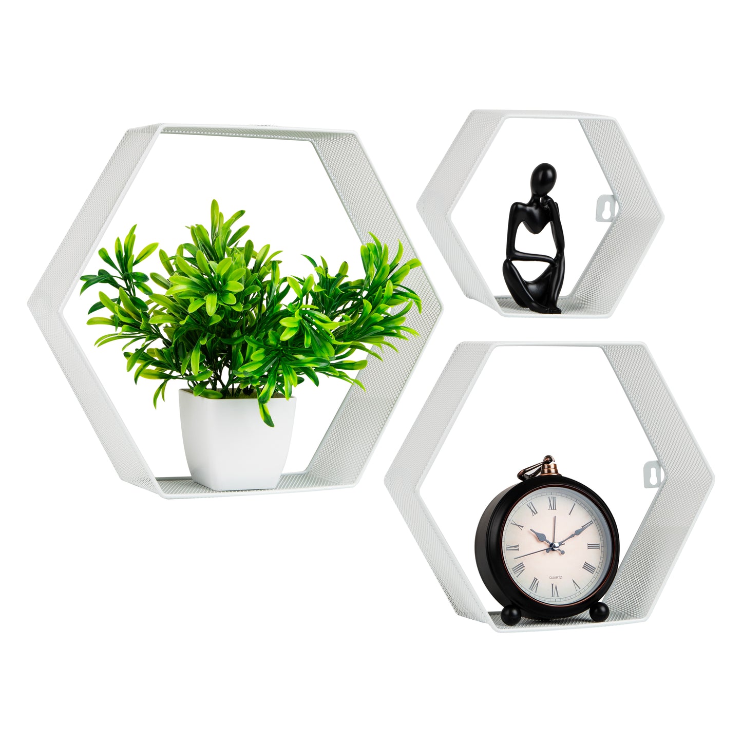 Mind Reader Hexagon Floating Shelves, Wall Decor, Honeycomb Accent Shelf, Office, Metal Mesh, 14"L x 4"W x 12"H, Set of 3