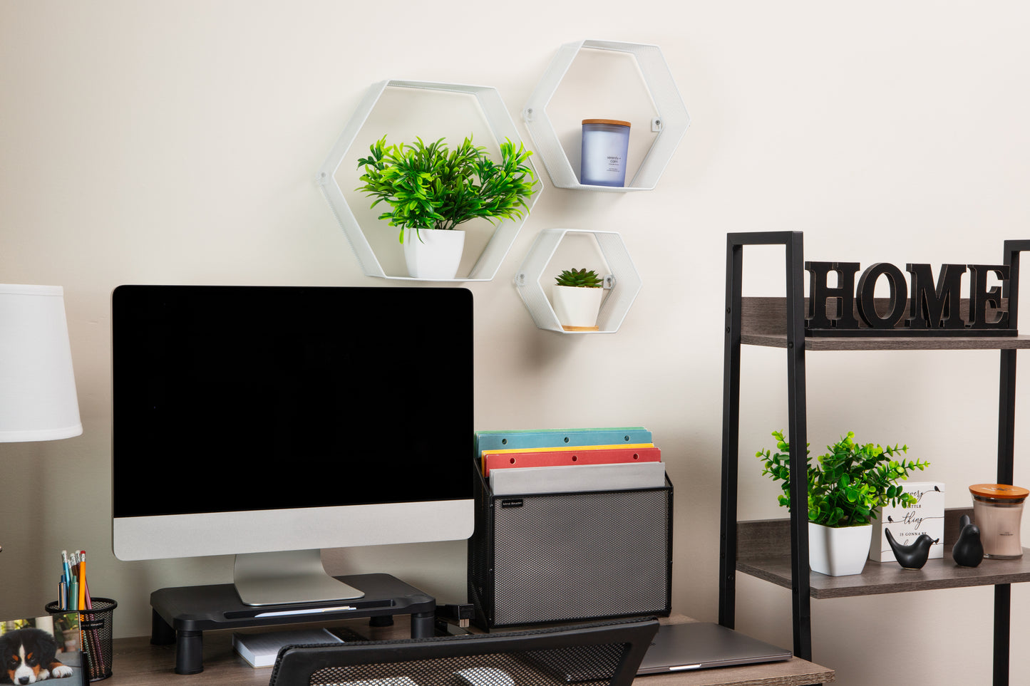 Mind Reader Hexagon Floating Shelves, Wall Decor, Honeycomb Accent Shelf, Office, Metal Mesh, 14"L x 4"W x 12"H, Set of 3