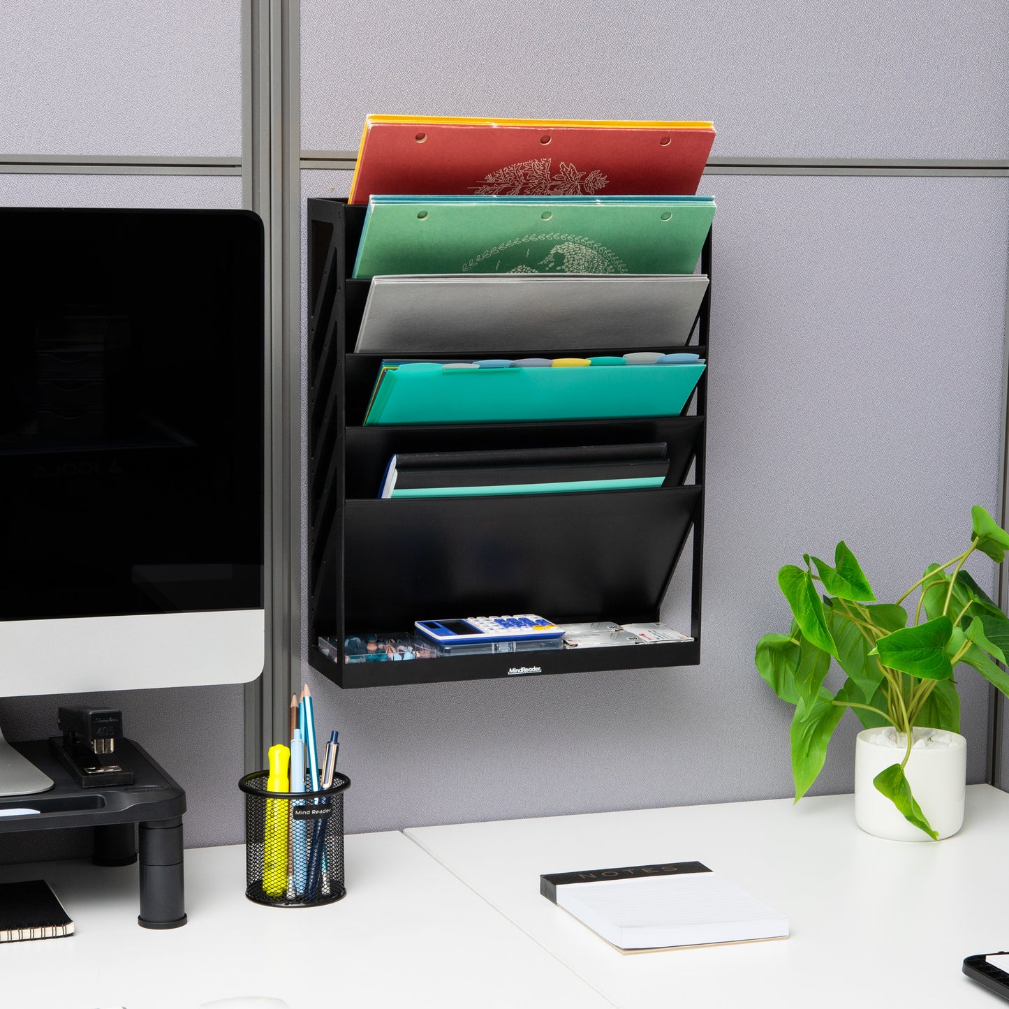 Mind Reader 5-Tier Vertical File Storage, Desktop Organizer, Wall Mount, Office, Plastic, 13"L x 4.25"W x 16"H