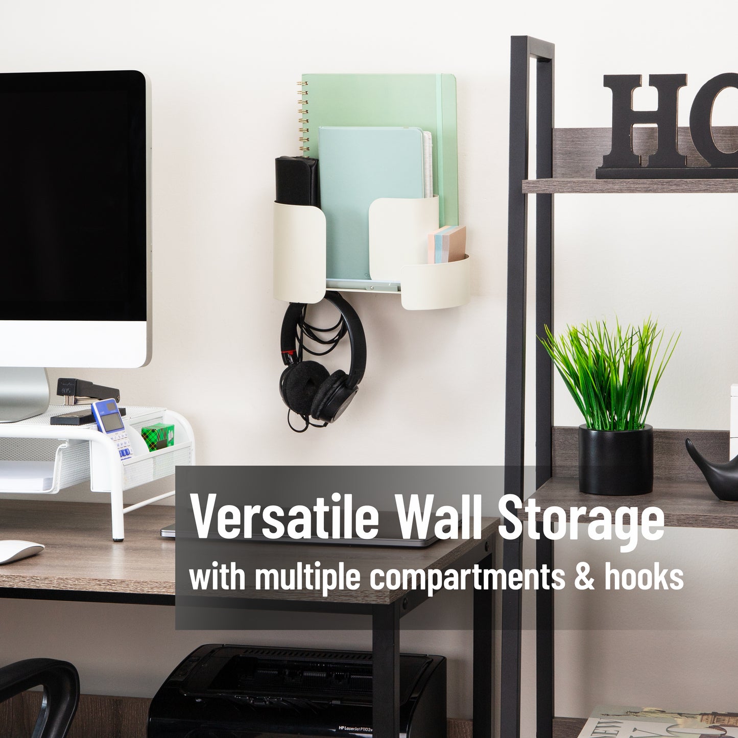 Mind Reader Hanging Accessory Organizer, Adhesive Wall-Mounted Shelf with Hooks for Home, Office, Dorm, or Bathroom, Metal, Tan