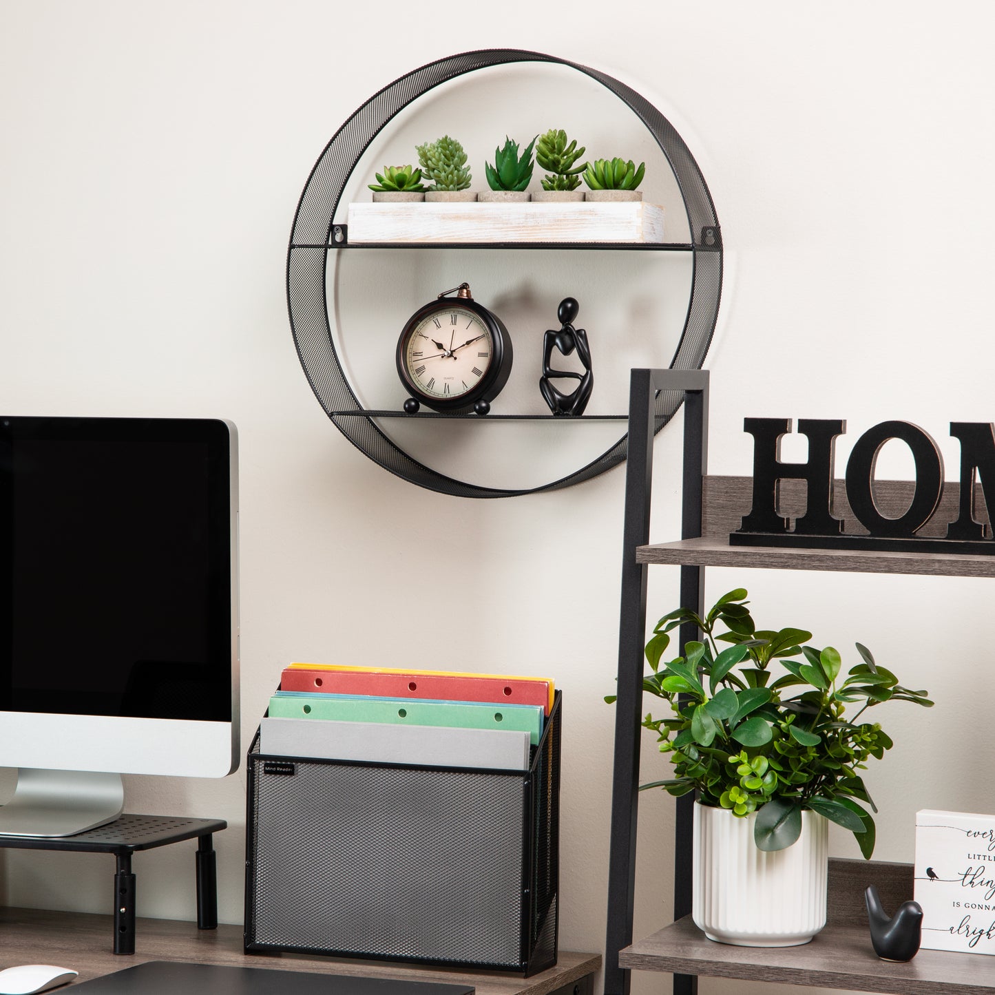 Mind Reader Circular Floating Shelves, Wall Decor, Accent Shelf, Office, Bathroom, Metal Mesh, 18"L x 4"W x 18"H