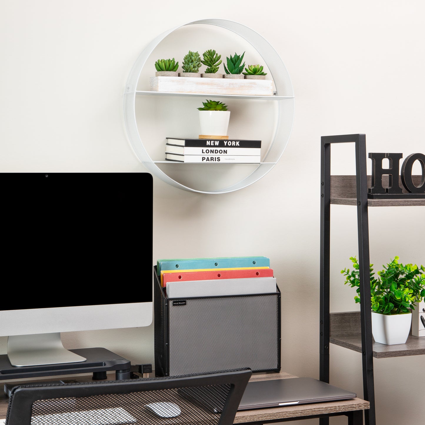 Mind Reader Circular Floating Shelves, Wall Decor, Accent Shelf, Office, Bathroom, Metal Mesh, 18"L x 4"W x 18"H