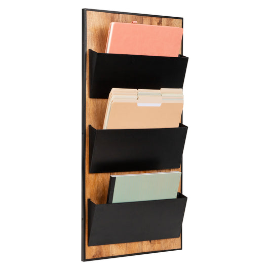 Mind Reader 3-Tier Wall-Mounted File Organizer, Wood and Metal Vertical Rack for Mail, Magazines, and Documents, Black