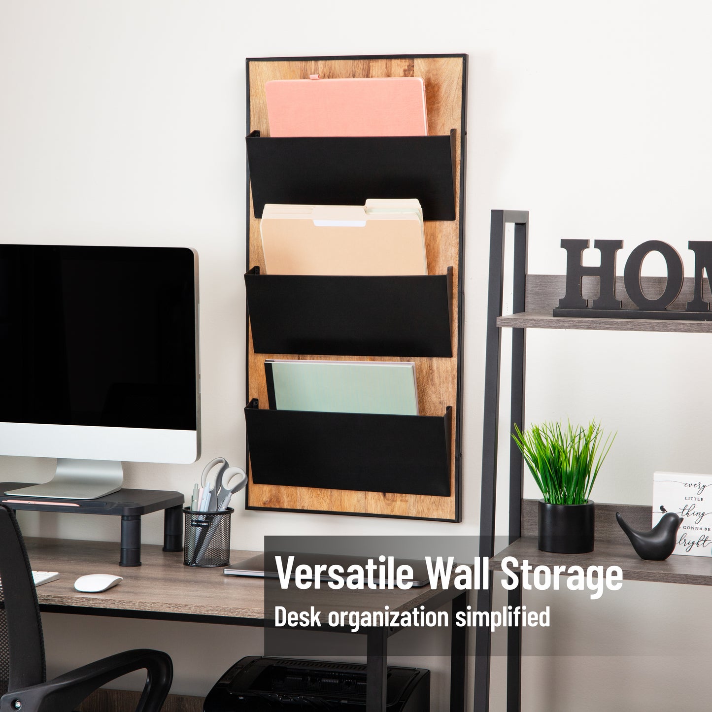 Mind Reader 3-Tier Wall-Mounted File Organizer, Wood and Metal Vertical Rack for Mail, Magazines, and Documents, Black