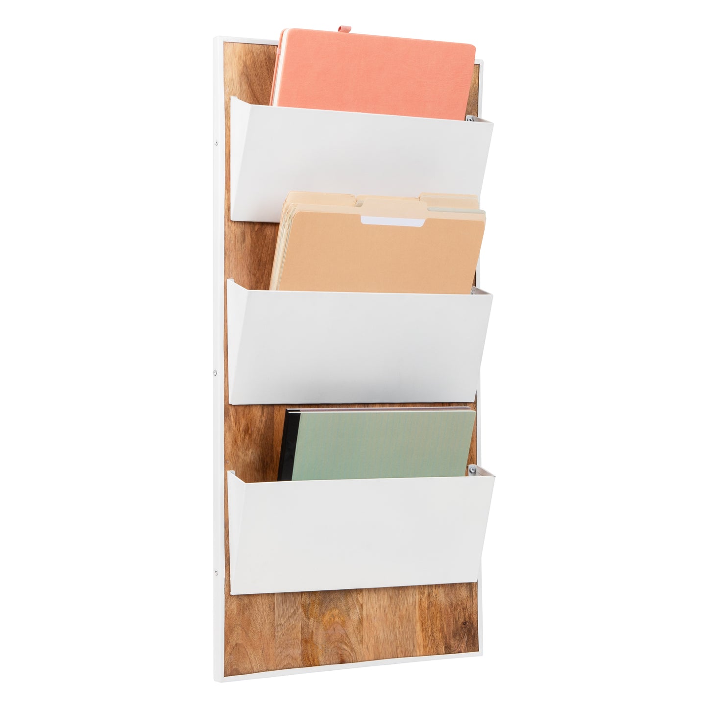 Mind Reader 3-Tier Wall-Mounted File Organizer, Wood and Metal Vertical Rack for Mail, Magazines, and Documents, Metal, Wood, White