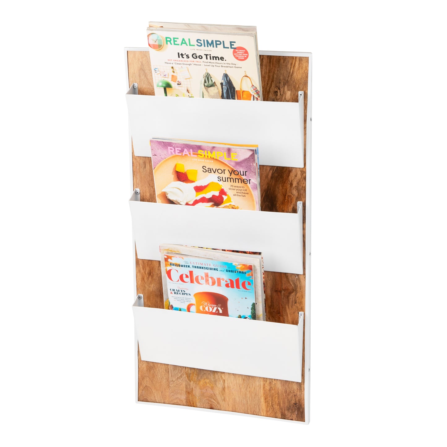 Mind Reader 3-Tier Wall-Mounted File Organizer, Wood and Metal Vertical Rack for Mail, Magazines, and Documents, Metal, Wood, White