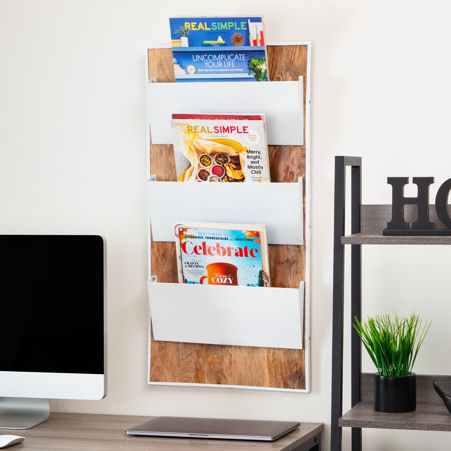 Mind Reader 3-Tier Wall-Mounted File Organizer, Wood and Metal Vertical Rack for Mail, Magazines, and Documents, Metal, Wood, White