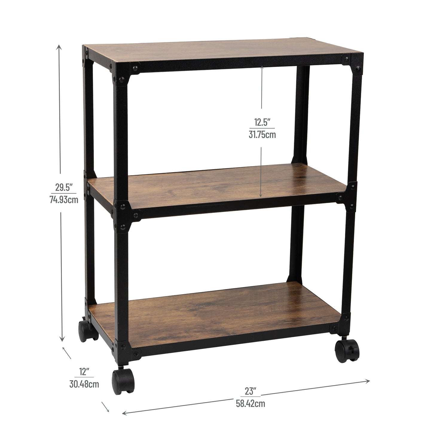 Mind Reader Multipurpose Rolling Cart with 3 Tiers, Mobile Office Storage Organizer, Metal, MDF, Brown