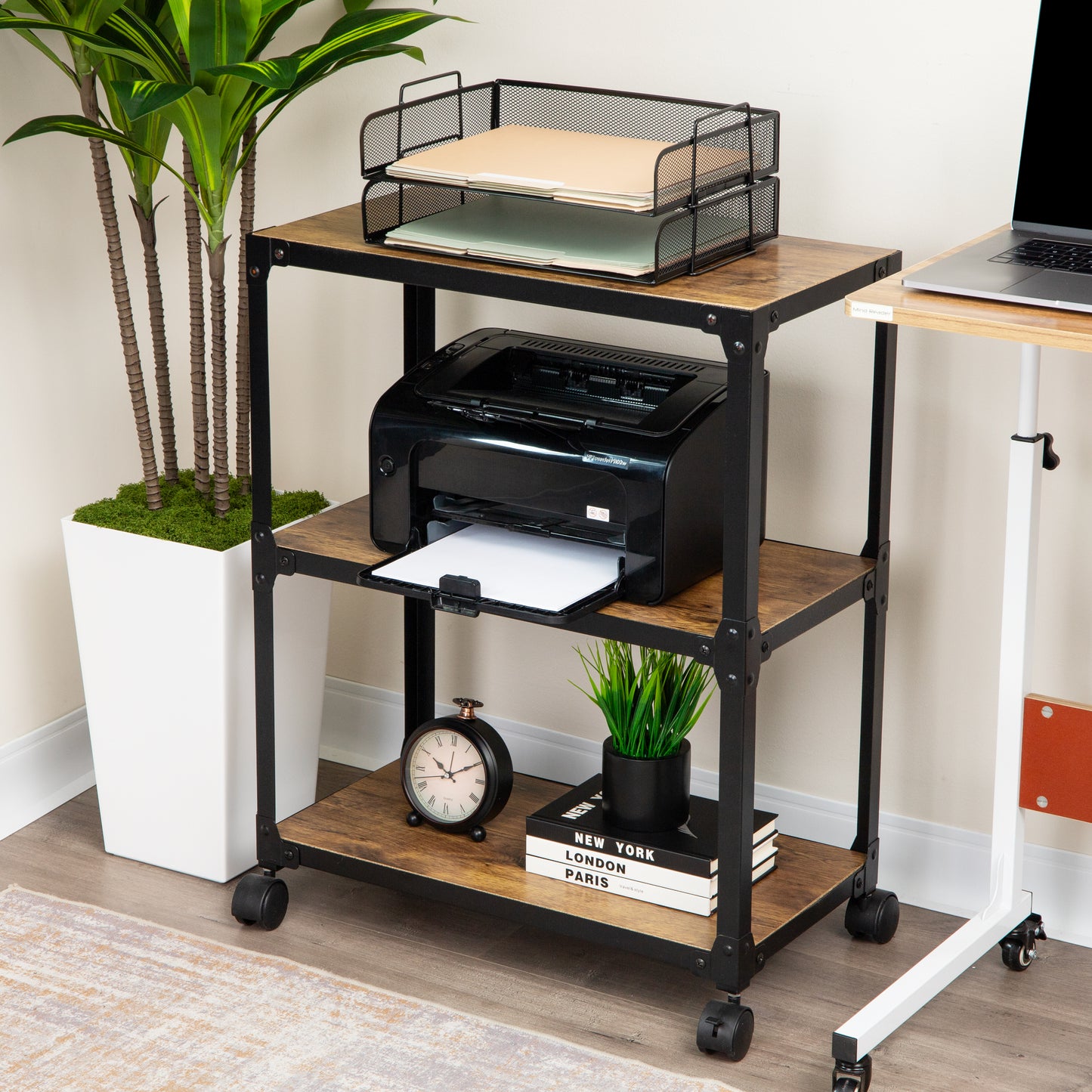 Mind Reader Multipurpose Rolling Cart with 3 Tiers, Mobile Office Storage Organizer, Metal, MDF, Brown
