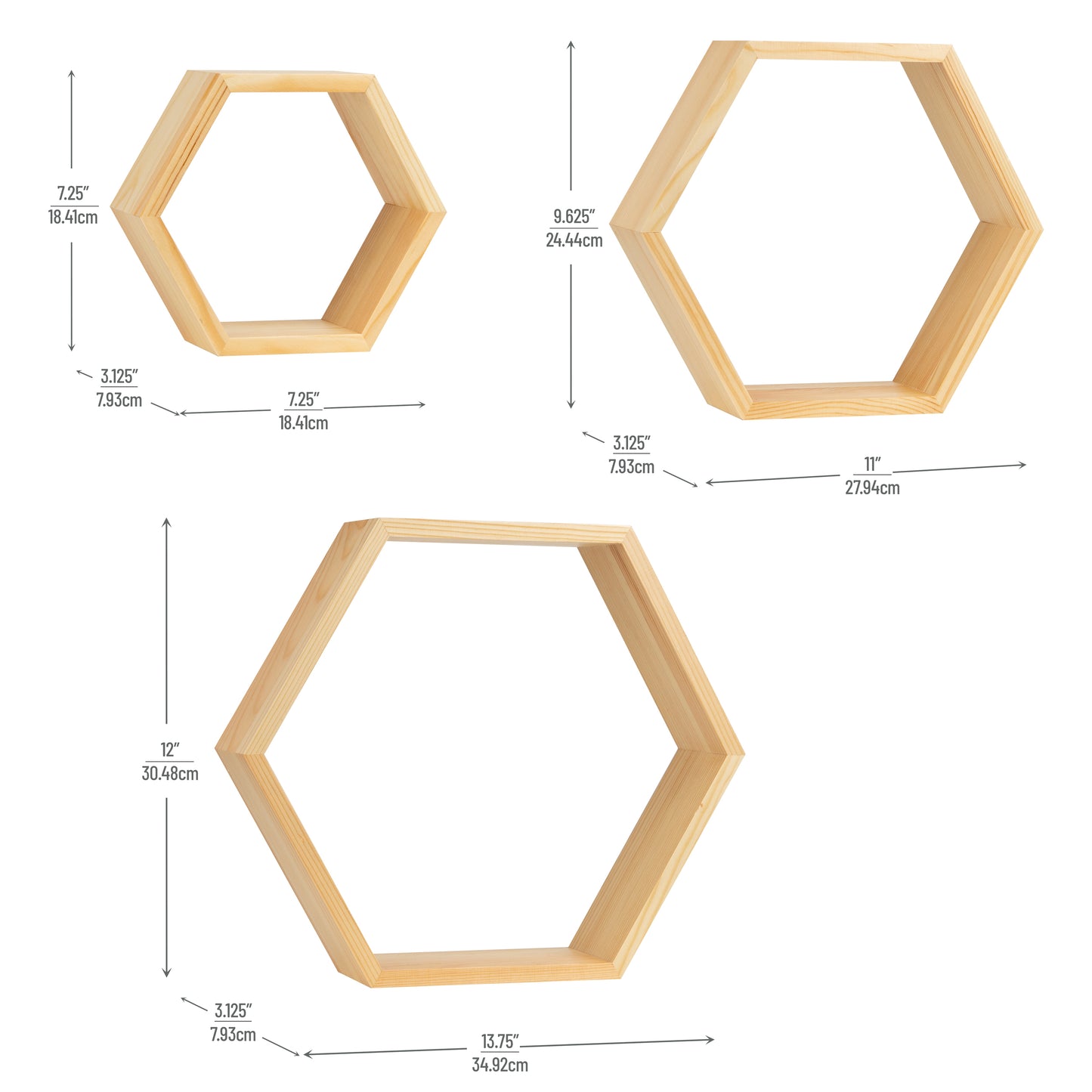 Mind Reader Hexagon Floating Shelves, Set of 3, Wall Decor, Honeycomb Accent Shelf, Cabinet Organizer, Office, Bamboo, 13.75"L x 3.125"W x 12"H, Brown