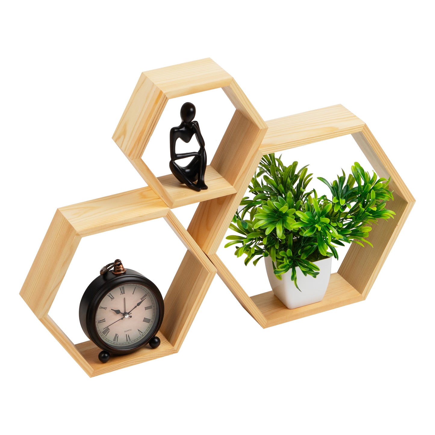 Mind Reader Hexagon Floating Shelves, Set of 3, Wall Decor, Honeycomb Accent Shelf, Cabinet Organizer, Office, Bamboo, 13.75"L x 3.125"W x 12"H, Brown