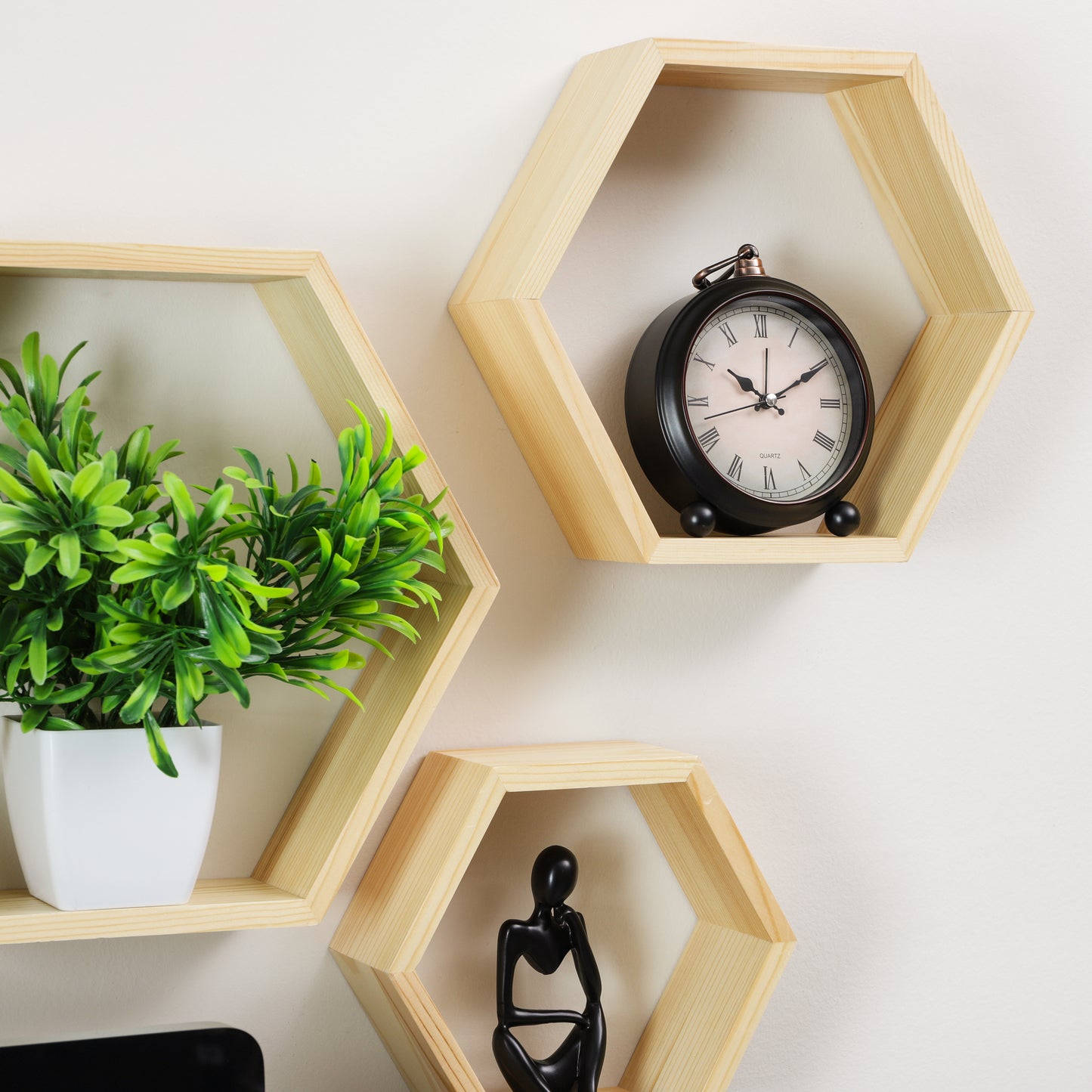 Mind Reader Hexagon Floating Shelves, Set of 3, Wall Decor, Honeycomb Accent Shelf, Cabinet Organizer, Office, Bamboo, 13.75"L x 3.125"W x 12"H, Brown