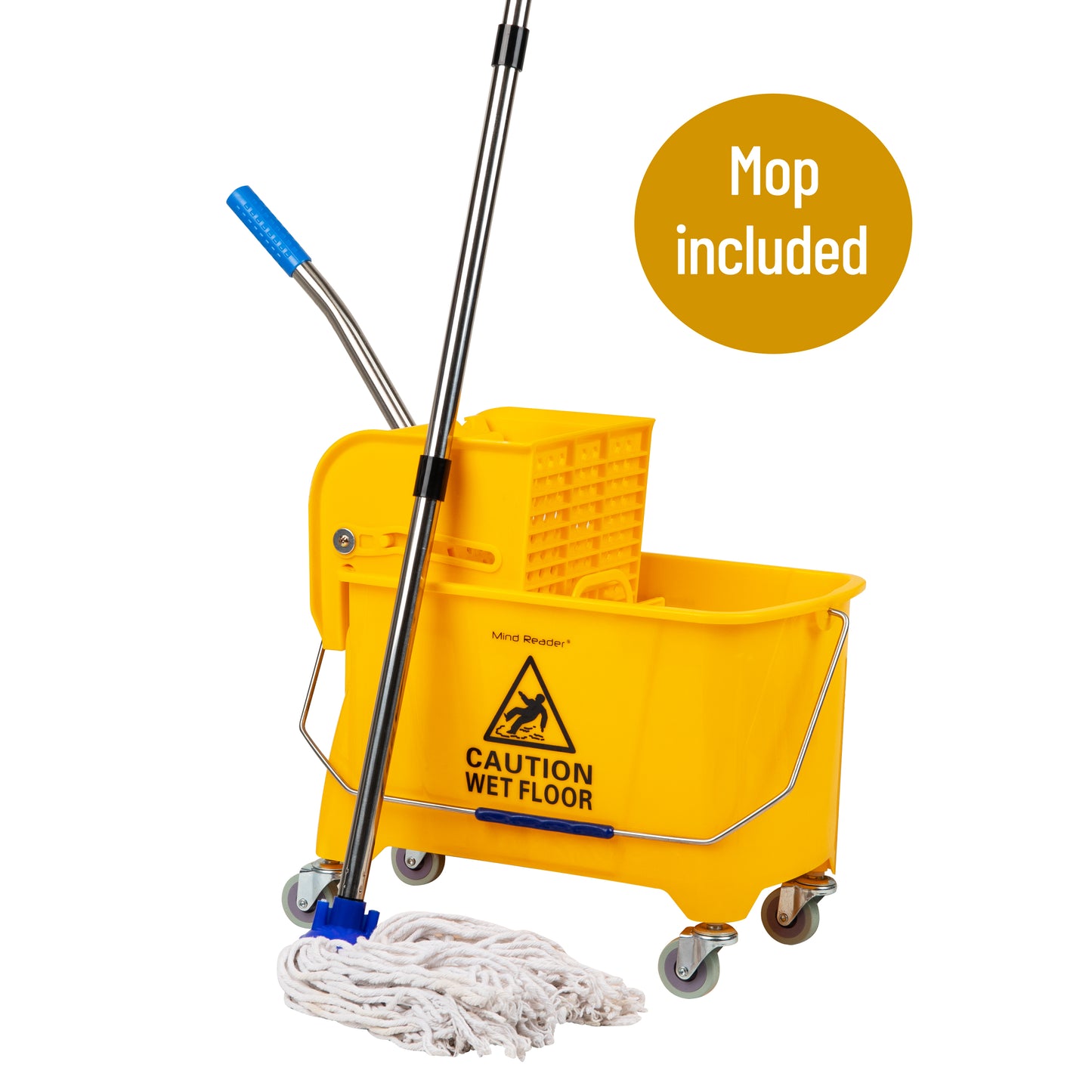 Mind Reader Bucket with Wringer and Mop Set, 22 Qt (5.5 Gallon), Floor Cleaning, Wheels, 16.25"L x 10.75"W x 24.5"H, Yellow