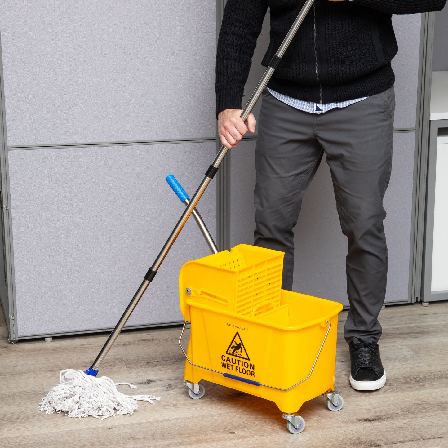 Mind Reader Bucket with Wringer and Mop Set, 22 Qt (5.5 Gallon), Floor Cleaning, Wheels, 16.25"L x 10.75"W x 24.5"H, Yellow