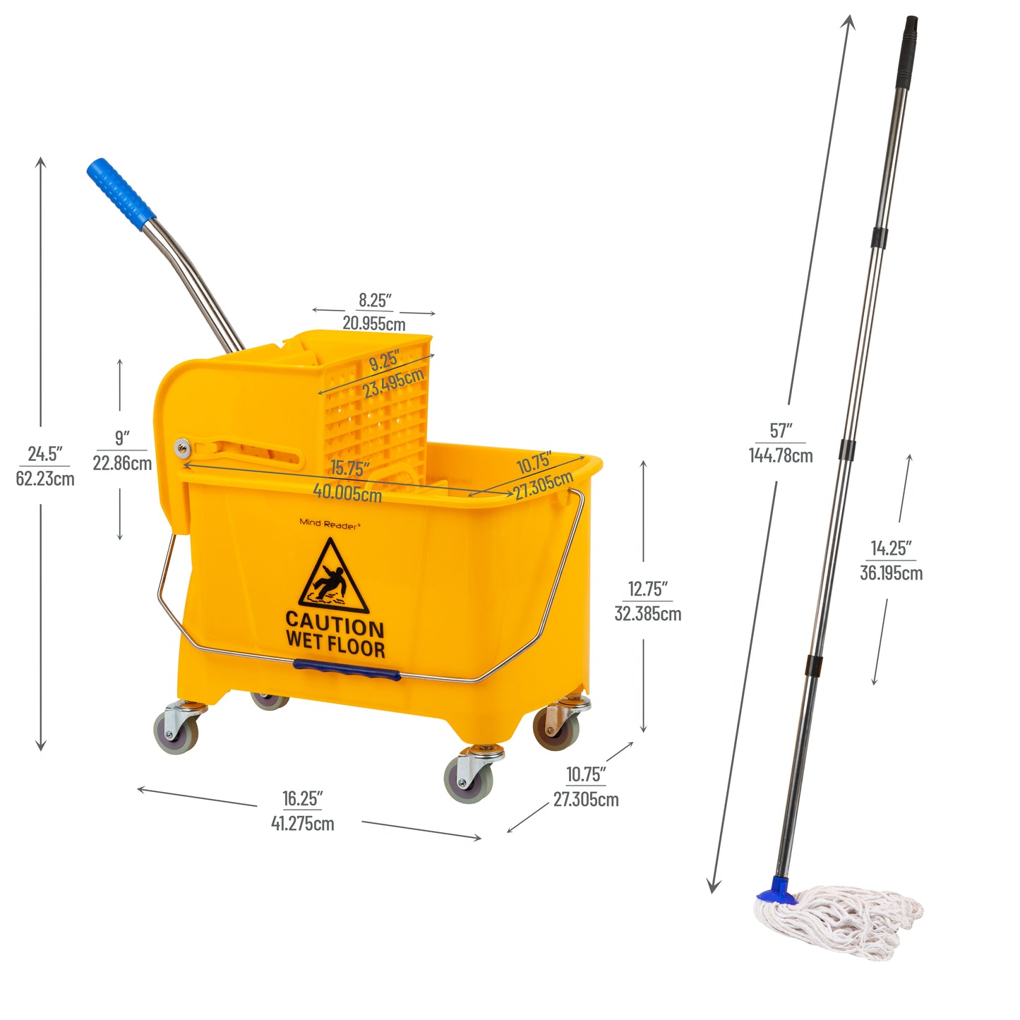 Mind Reader Bucket with Wringer and Mop Set, 22 Qt (5.5 Gallon), Floor Cleaning, Wheels, 16.25"L x 10.75"W x 24.5"H, Yellow