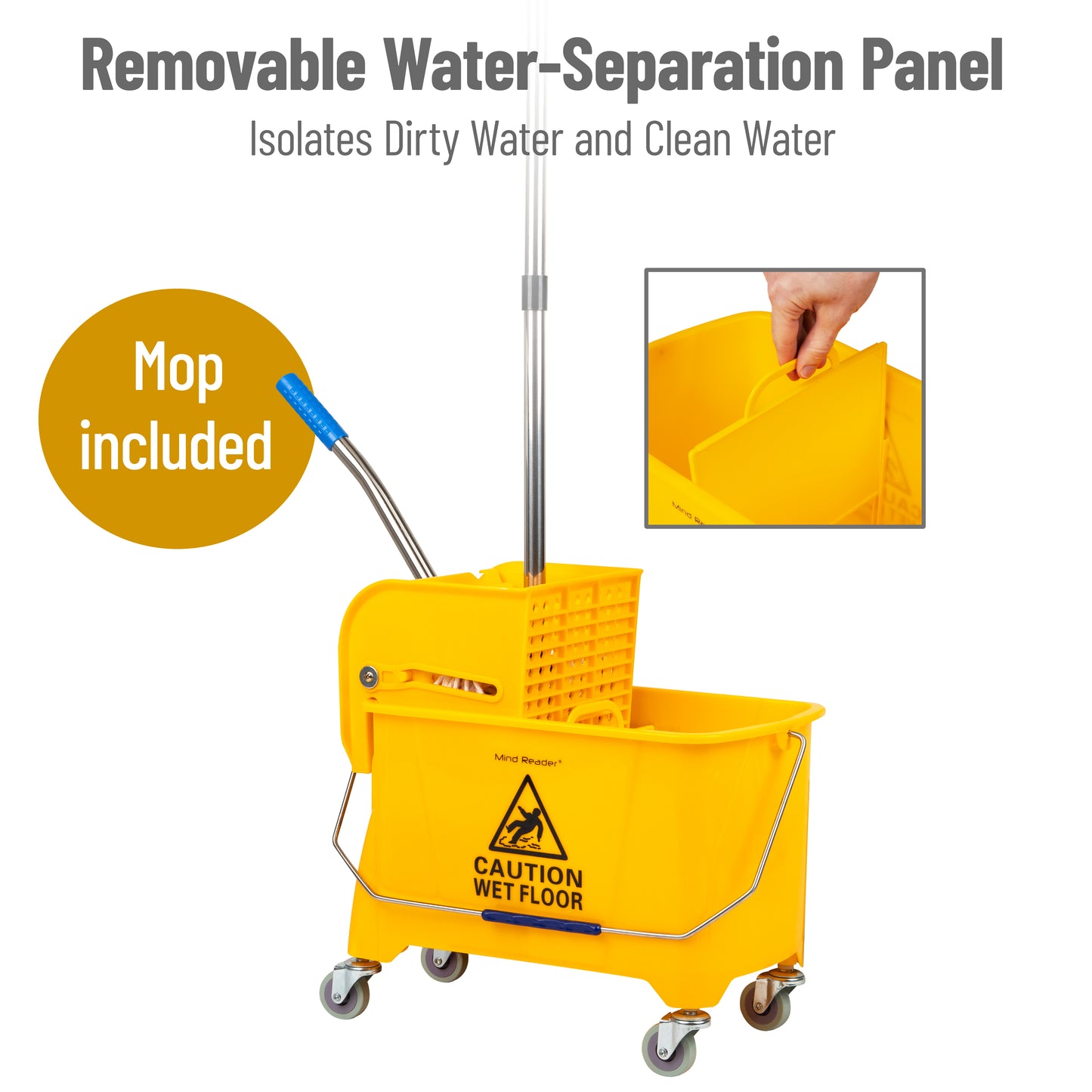 Mind Reader Bucket with Wringer and Mop Set, 22 Qt (5.5 Gallon), Floor Cleaning, Wheels, 16.25"L x 10.75"W x 24.5"H, Yellow