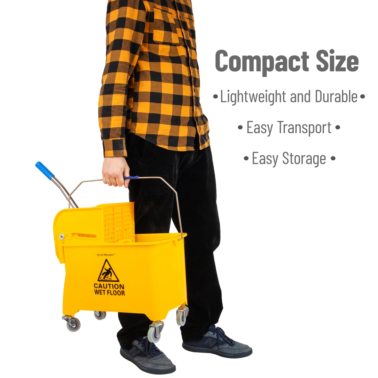 Mind Reader Bucket with Wringer and Mop Set, 22 Qt (5.5 Gallon), Floor Cleaning, Wheels, 16.25"L x 10.75"W x 24.5"H, Yellow
