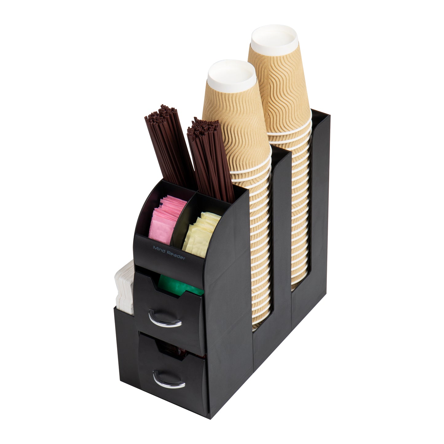 Mind Reader Cup and Condiment Station, Countertop Organizer, Coffee Bar, Kitchen, Stirrers, 5.375"L x 12"W x 11.25"H, Black