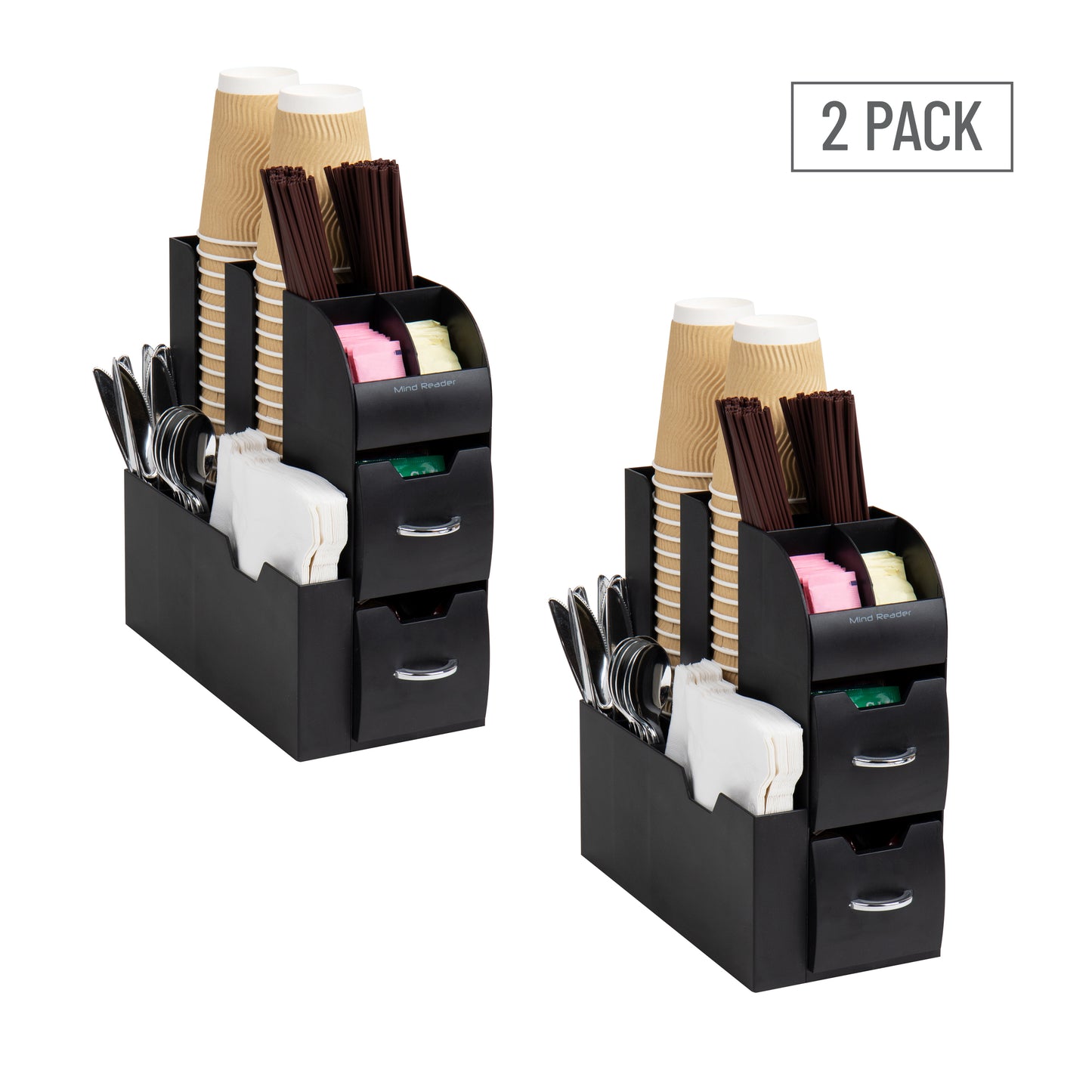 Mind Reader Cup and Condiment Station, Countertop Organizer, Coffee Bar, Kitchen, Stirrers, 5.375"L x 12"W x 11.25"H, Black