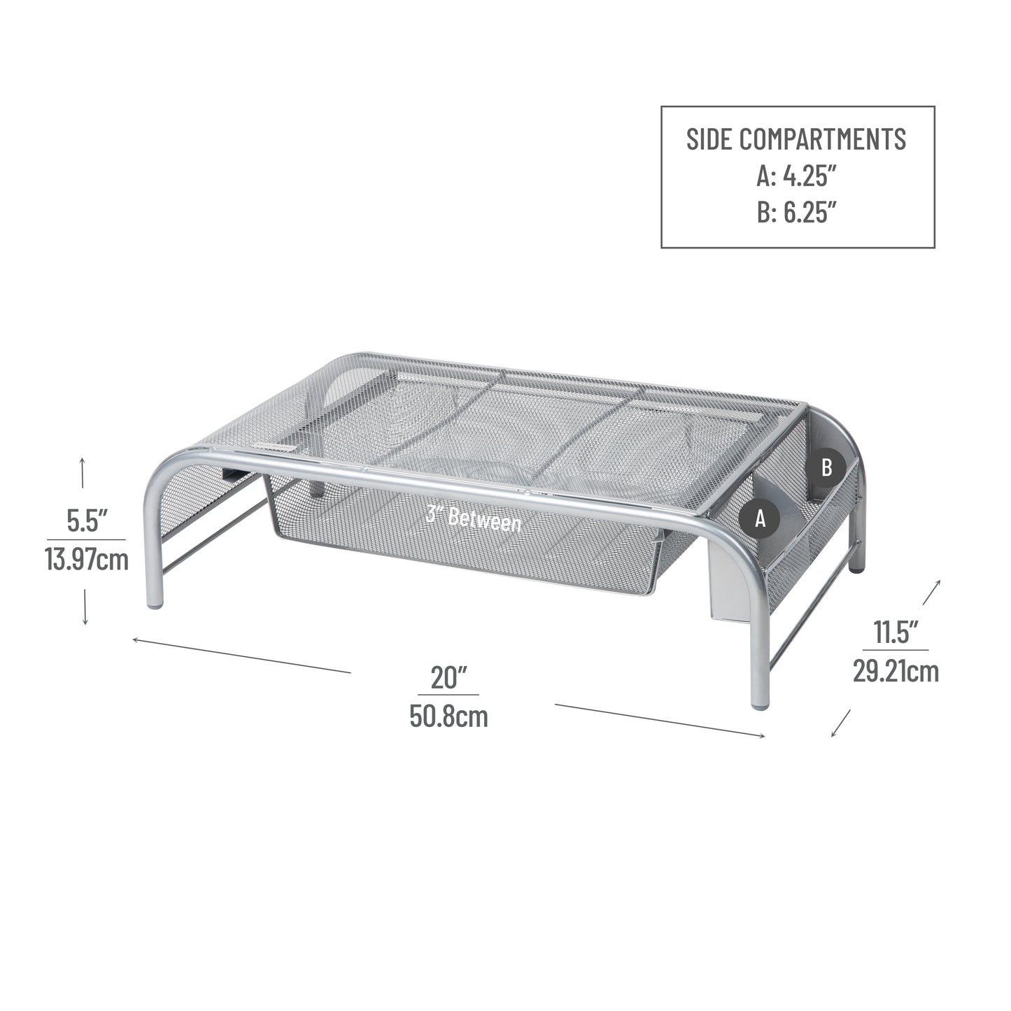 Mind Reader Monitor Stand, Ventilated Laptop Riser, Paper Tray, Office, Metal Mesh, 20"L x 11.5"W x 5.5"H, Set of 2