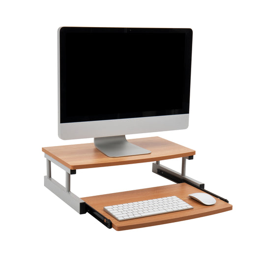 Mind Reader Monitor Stand, Sliding Keyboard Drawer, Laptop, Riser, Office, Wood,Metal, 20"L x 14.75"W x 5.9"H, Brown, Silver