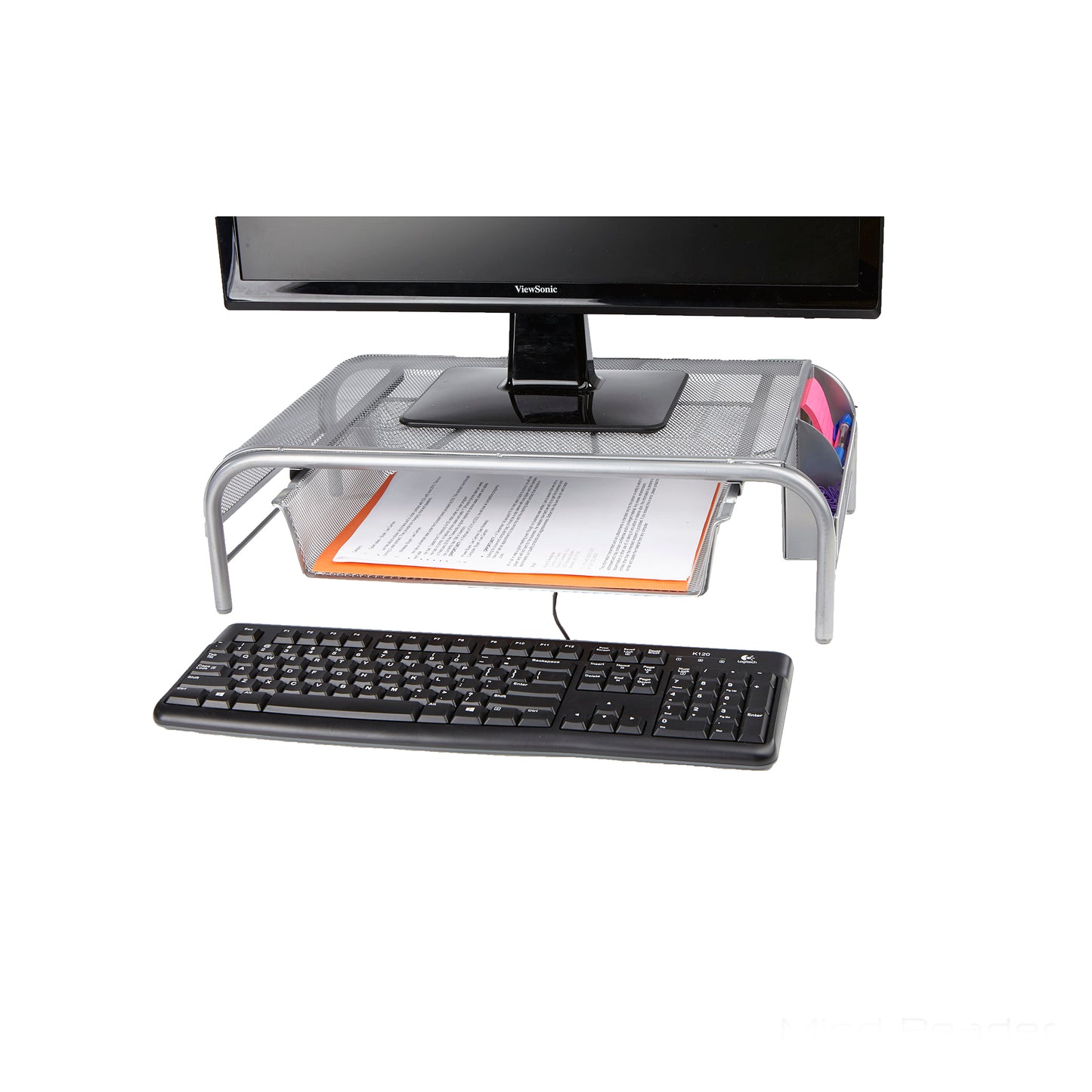 Mind Reader Monitor Stand, Ventilated Laptop Riser, Paper Tray, Office, Metal Mesh, 20"L x 11.5"W x 5.5"H, Set of 2